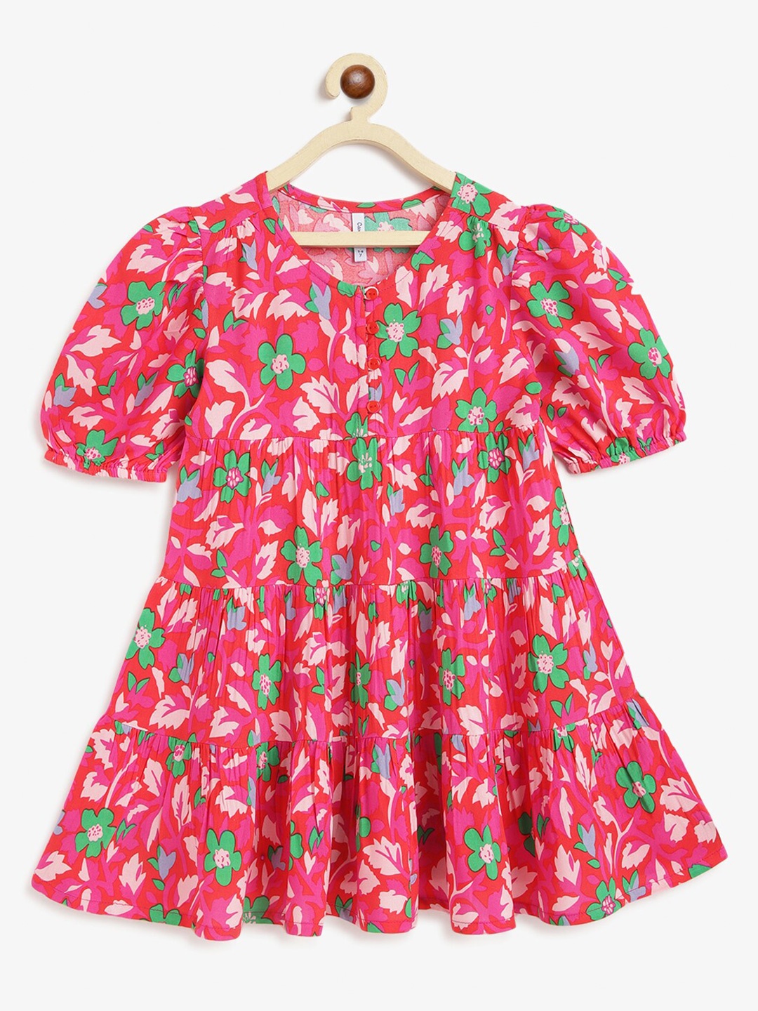 

Campana Girls Printed Short Sleeves Viscose Rayon Knee Length Empire Dress, Pink