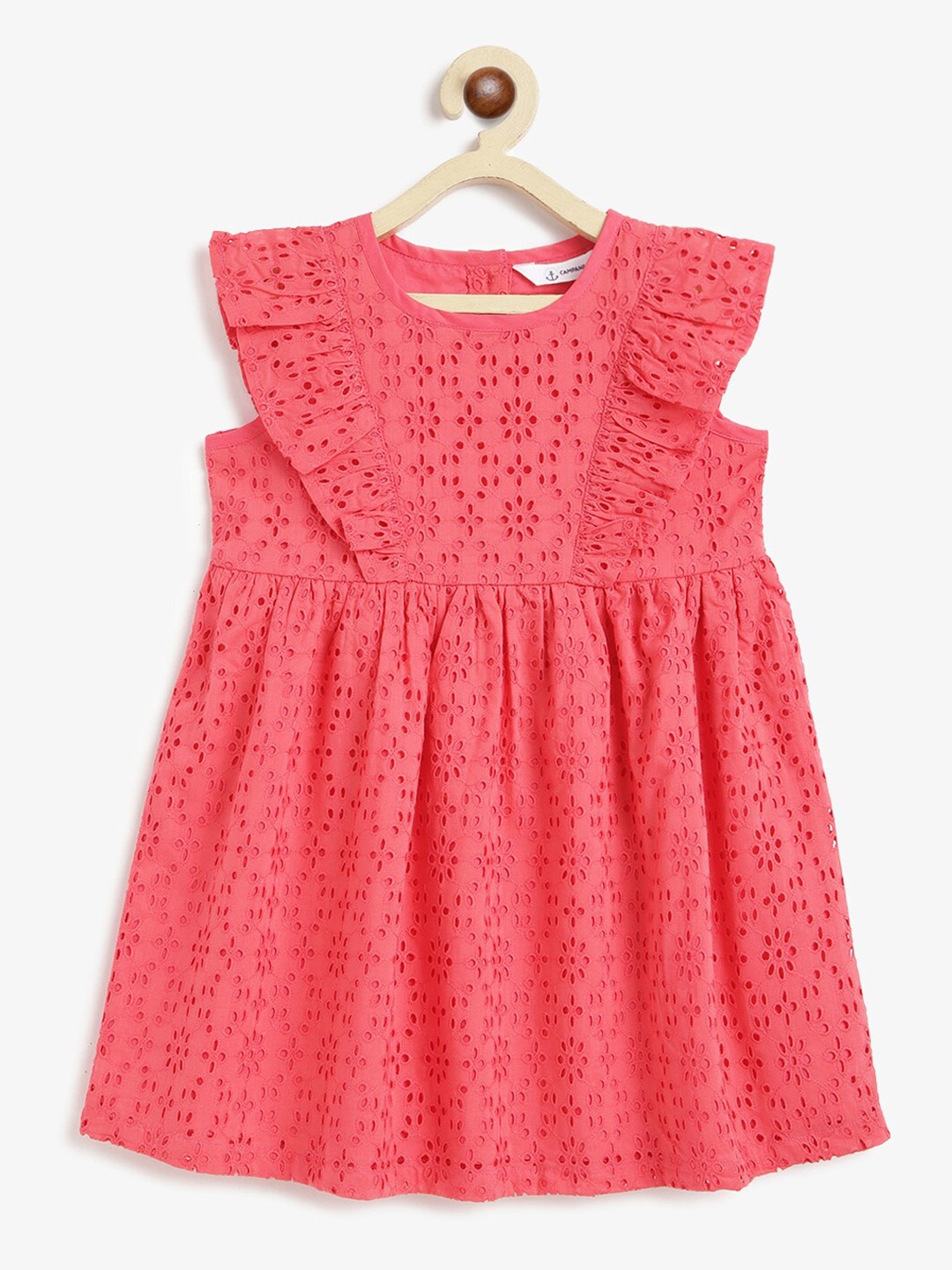 

Campana Girls Embroidery Round Neck Sleeveless Ruffled Schiffli A-Line Dress, Peach