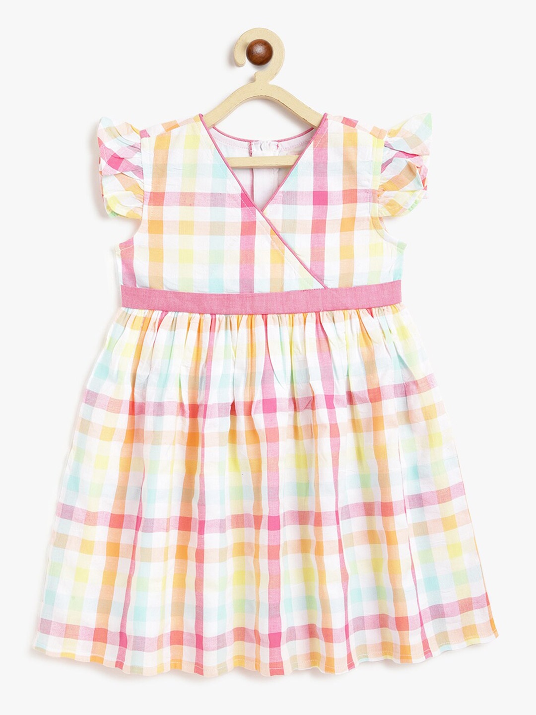 

Campana Girls Cotton Short Sleeves Knee Length Fit and Flare Checked Dress, Pink