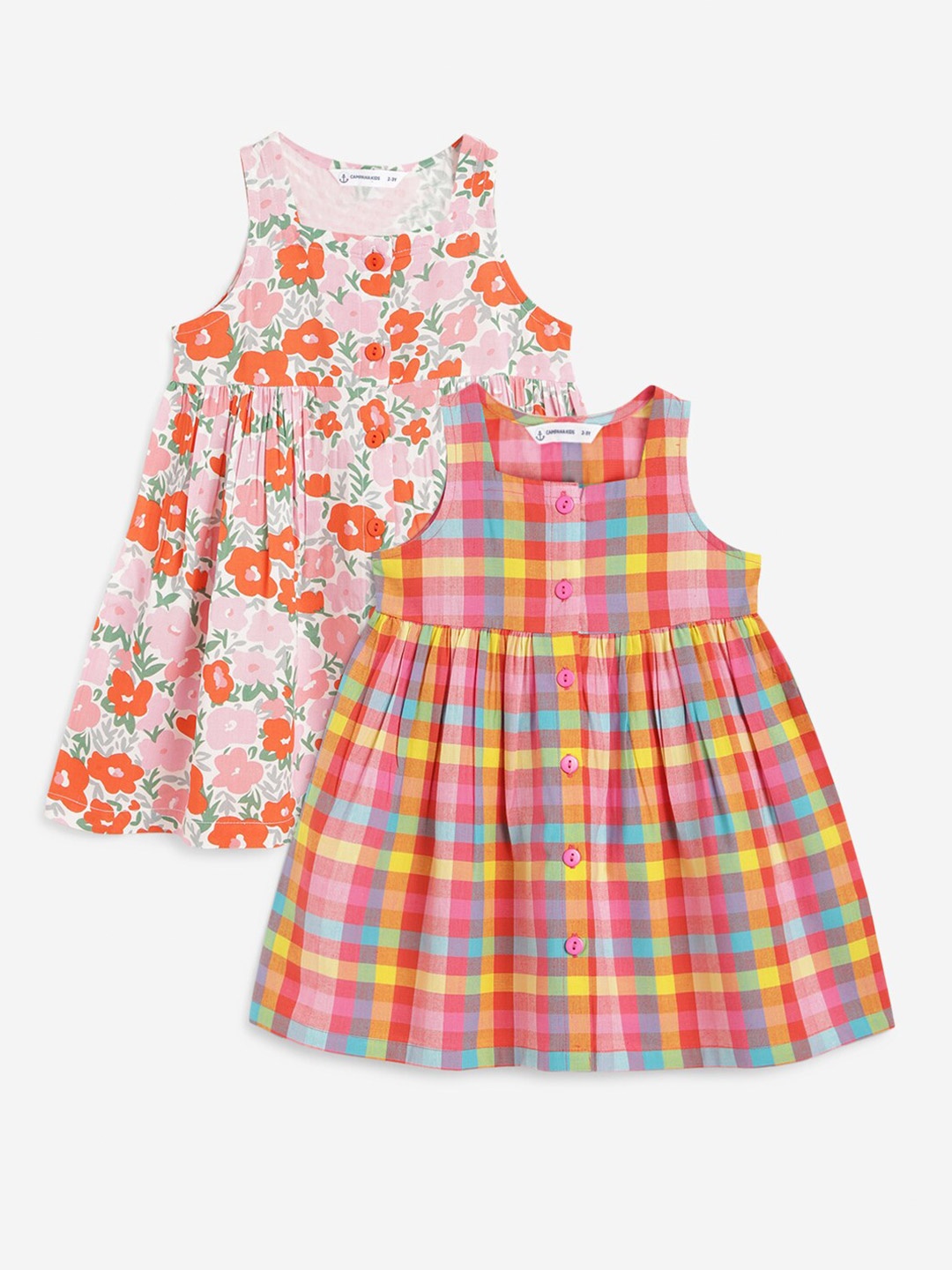 

Campana Girls Pack of 2 Checked Cotton Round Neck Sleeveless Fit & Flare Casual Dresses, Pink
