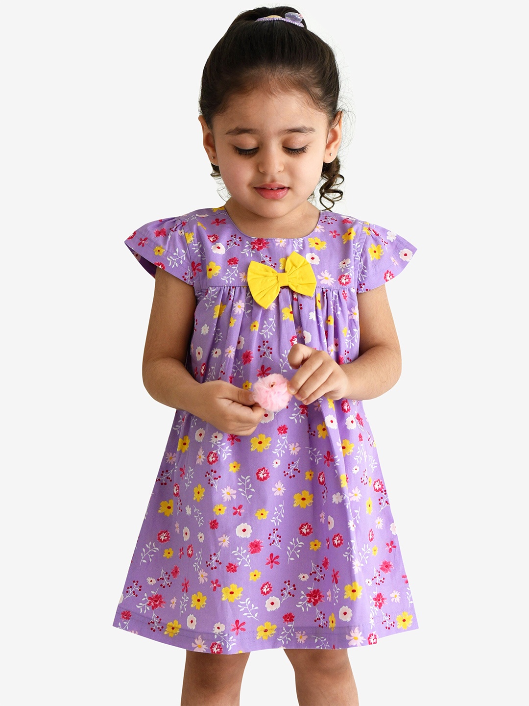 

Campana Girls Cotton Short Sleeves Knee Length A-Line Printed Dress, Purple