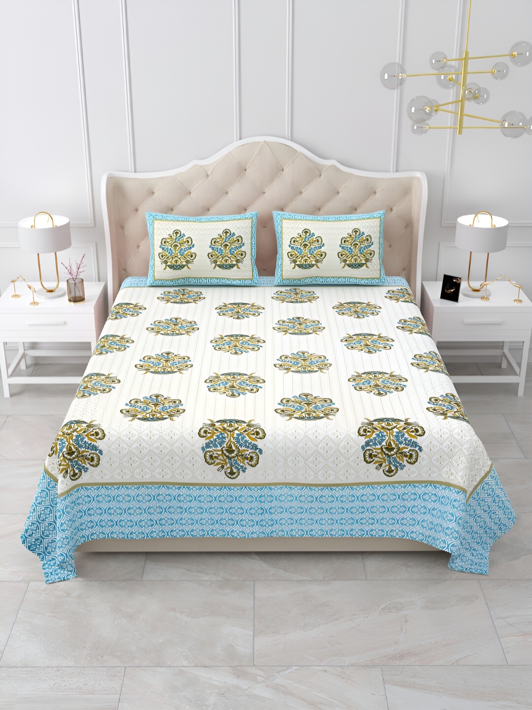 

Qfab White & Blue Floral Printed 144 TC Cotton King Bedsheet Set
