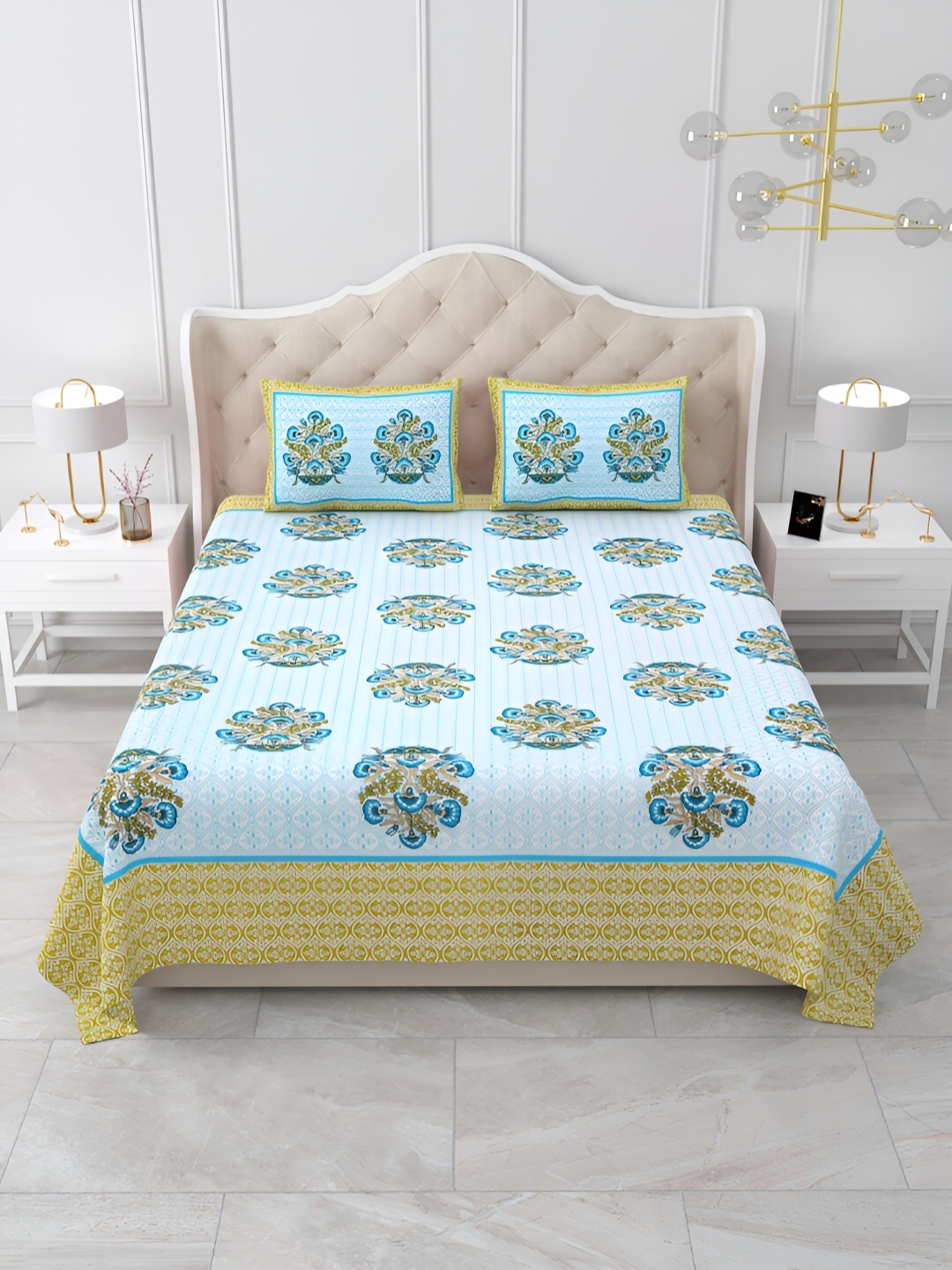 

Qfab Blue & Yellow Floral Printed 144 TC Cotton King Bedsheet Set