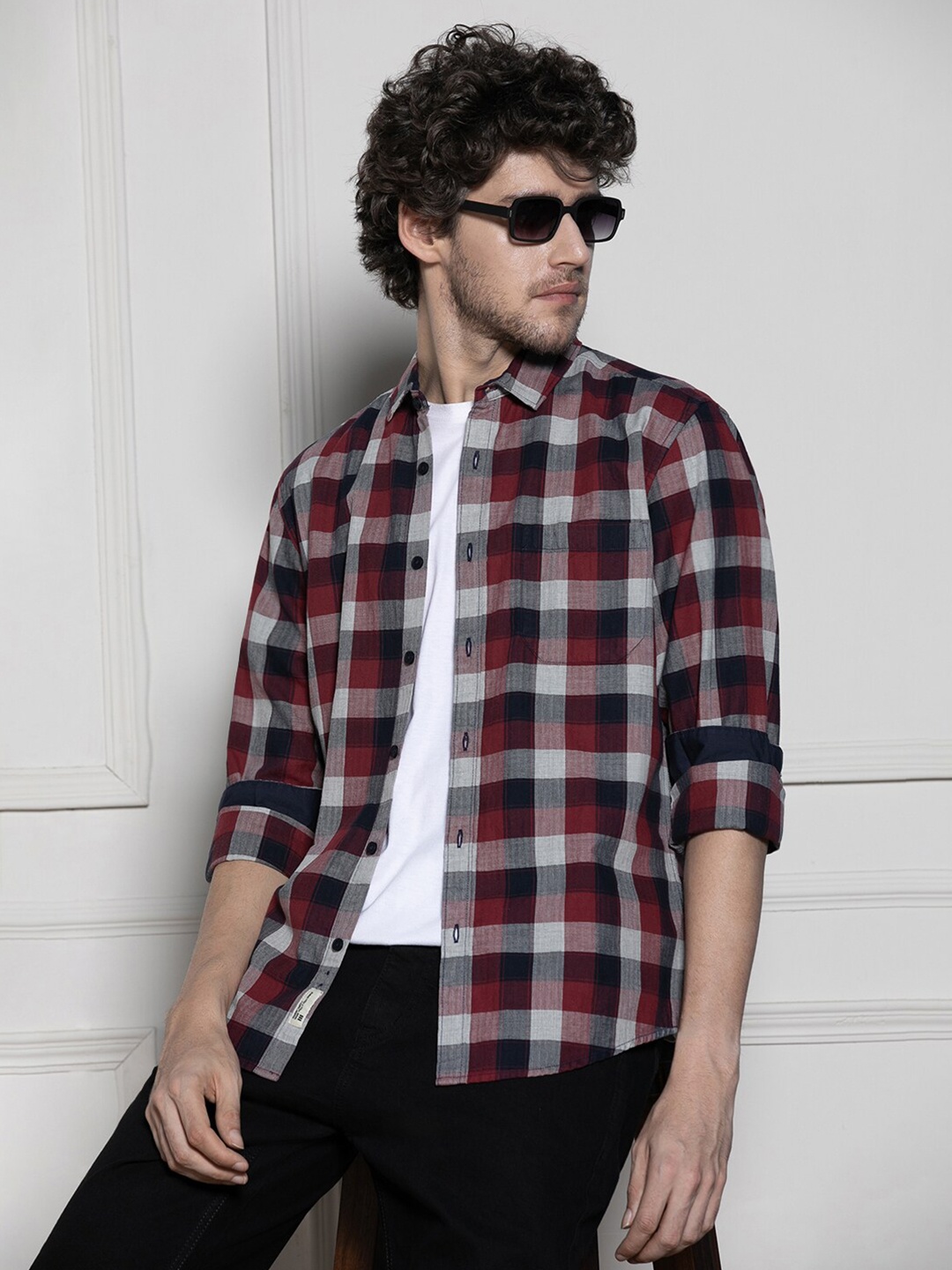 

Dennis Lingo Buffalo Checked Spread Collar Long Sleeves Cotton Casual Shirt, Multi