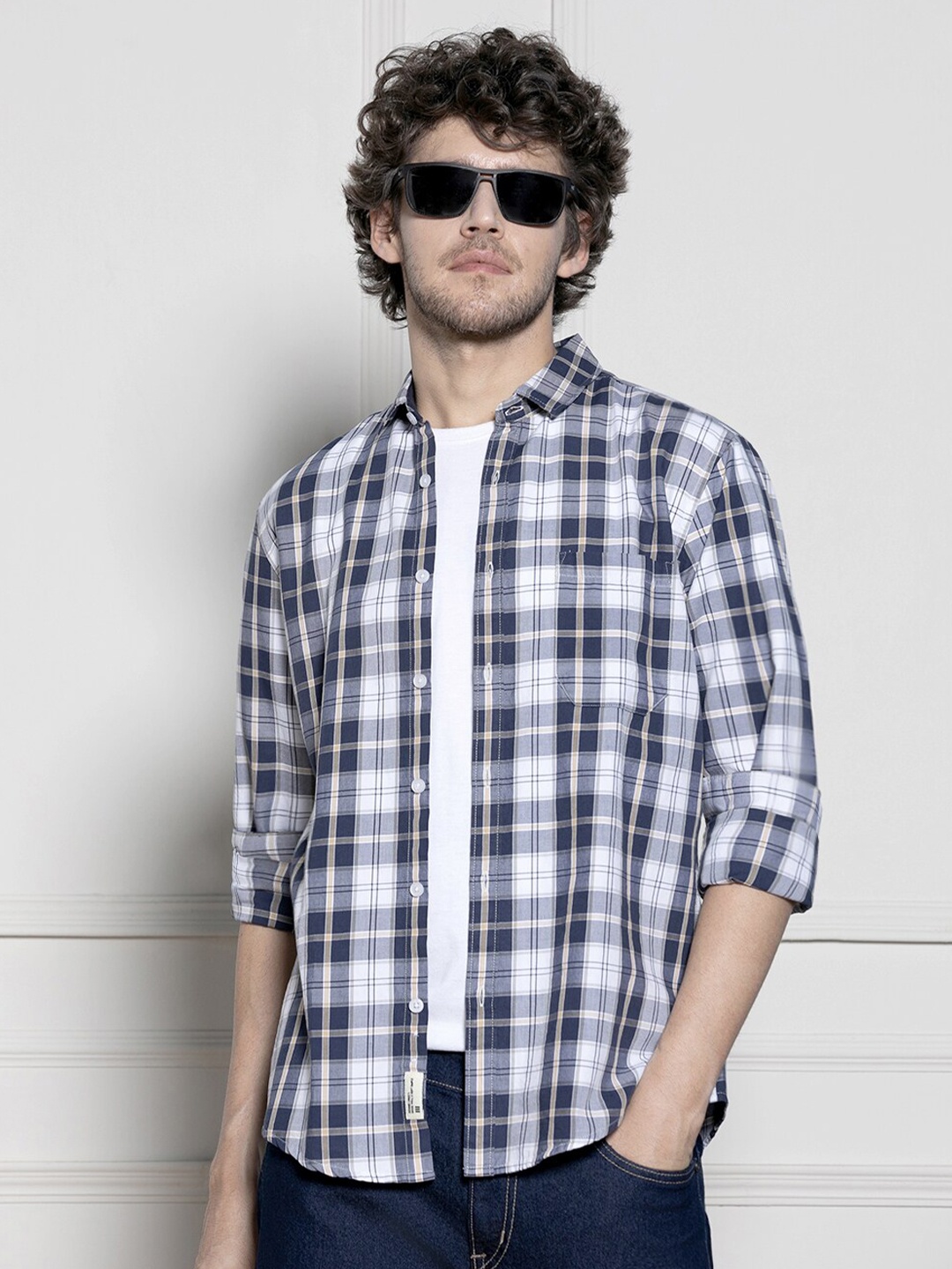 

Dennis Lingo Tartan Checked Spread Collar Long Sleeves Cotton Casual Shirt, Navy blue