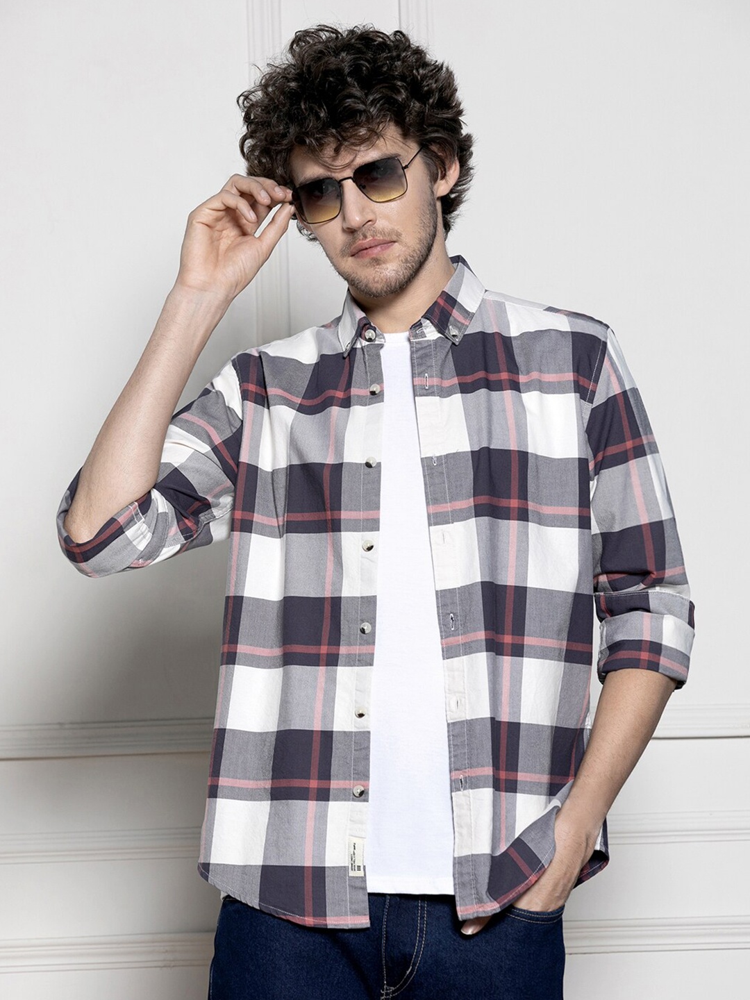 

Dennis Lingo Tartan Checked Spread Collar Long Sleeves Cotton Casual Shirt, Navy blue