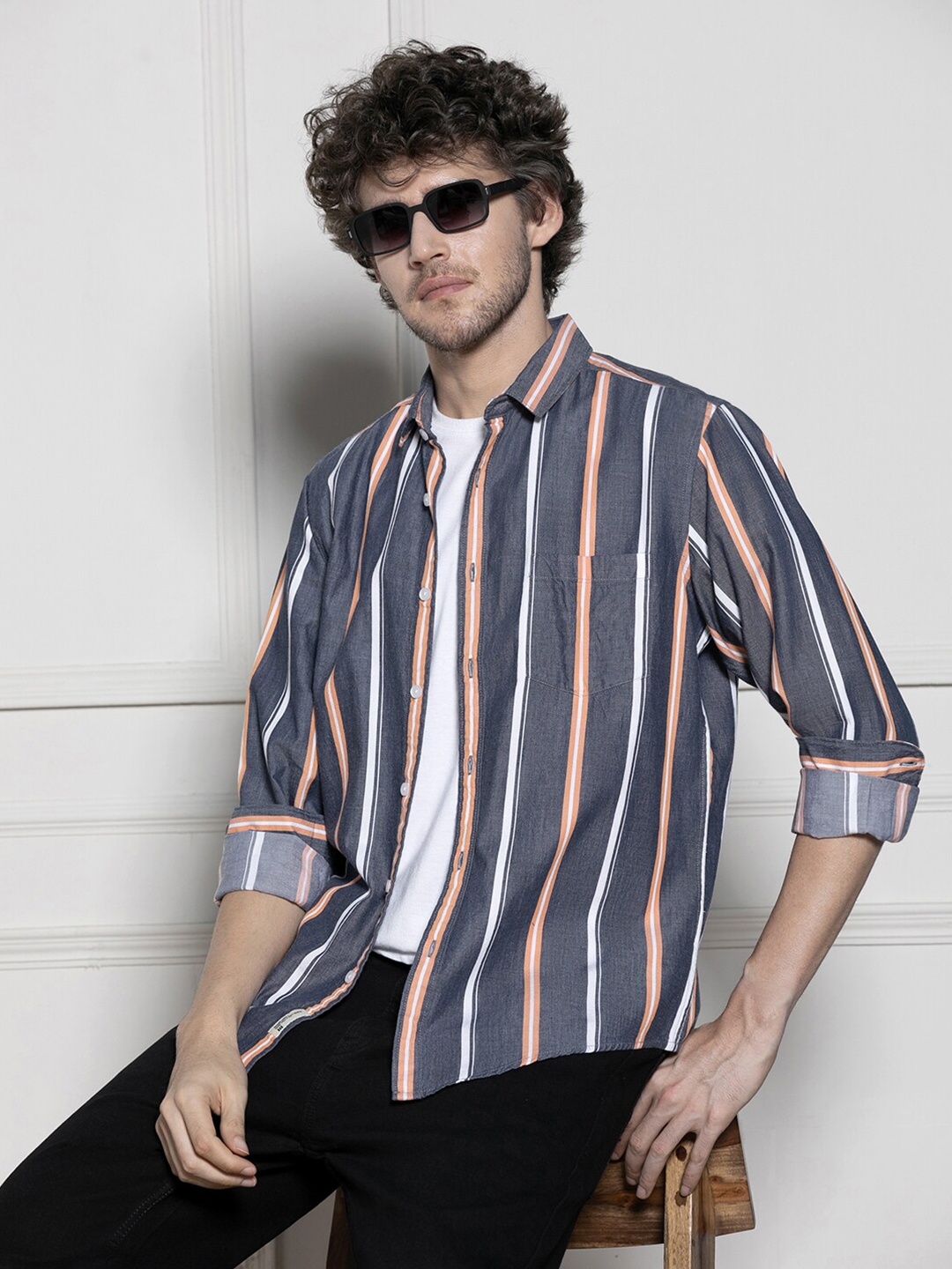 

Dennis Lingo Striped Spread Collar Long Sleeves Cotton Casual Shirt, Navy blue