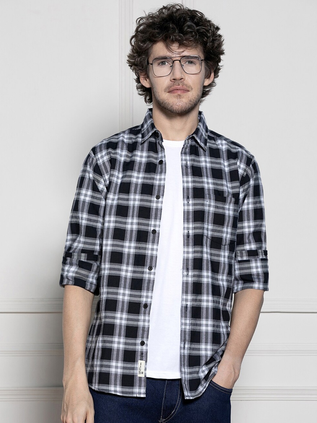 

Dennis LingoTartan Checked Spread Collar Long Sleeves Cotton Casual Shirt, Navy blue