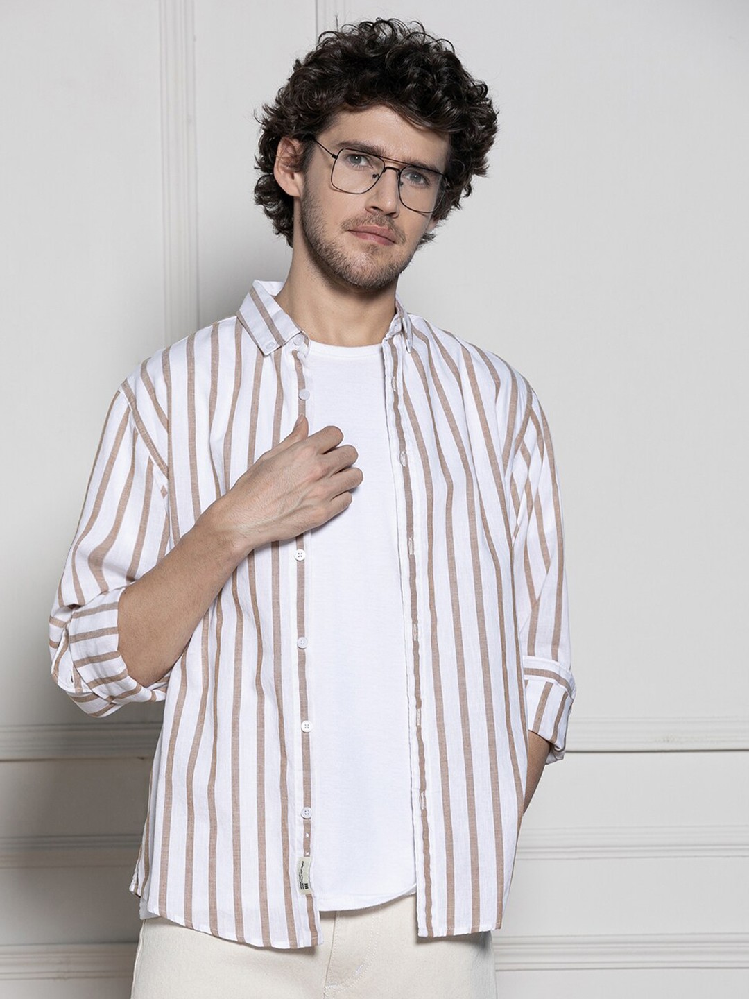 

Dennis Lingo Striped Button-Down Collar Long Sleeves Casual Shirt, Khaki