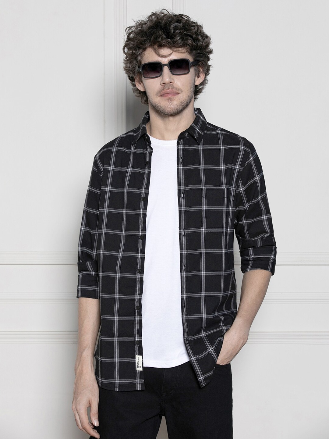 

Dennis Lingo Windowpane Checked Spread Collar Long Sleeves Cotton Casual Shirt, Black