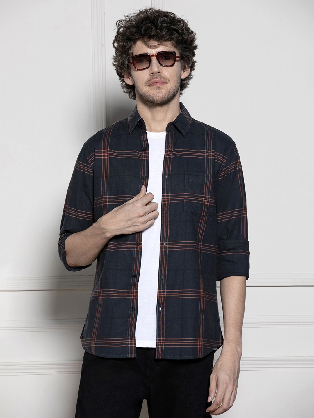 

Dennis Lingo Tartan Checked Spread Collar Long Sleeves Cotton Casual Shirt, Grey