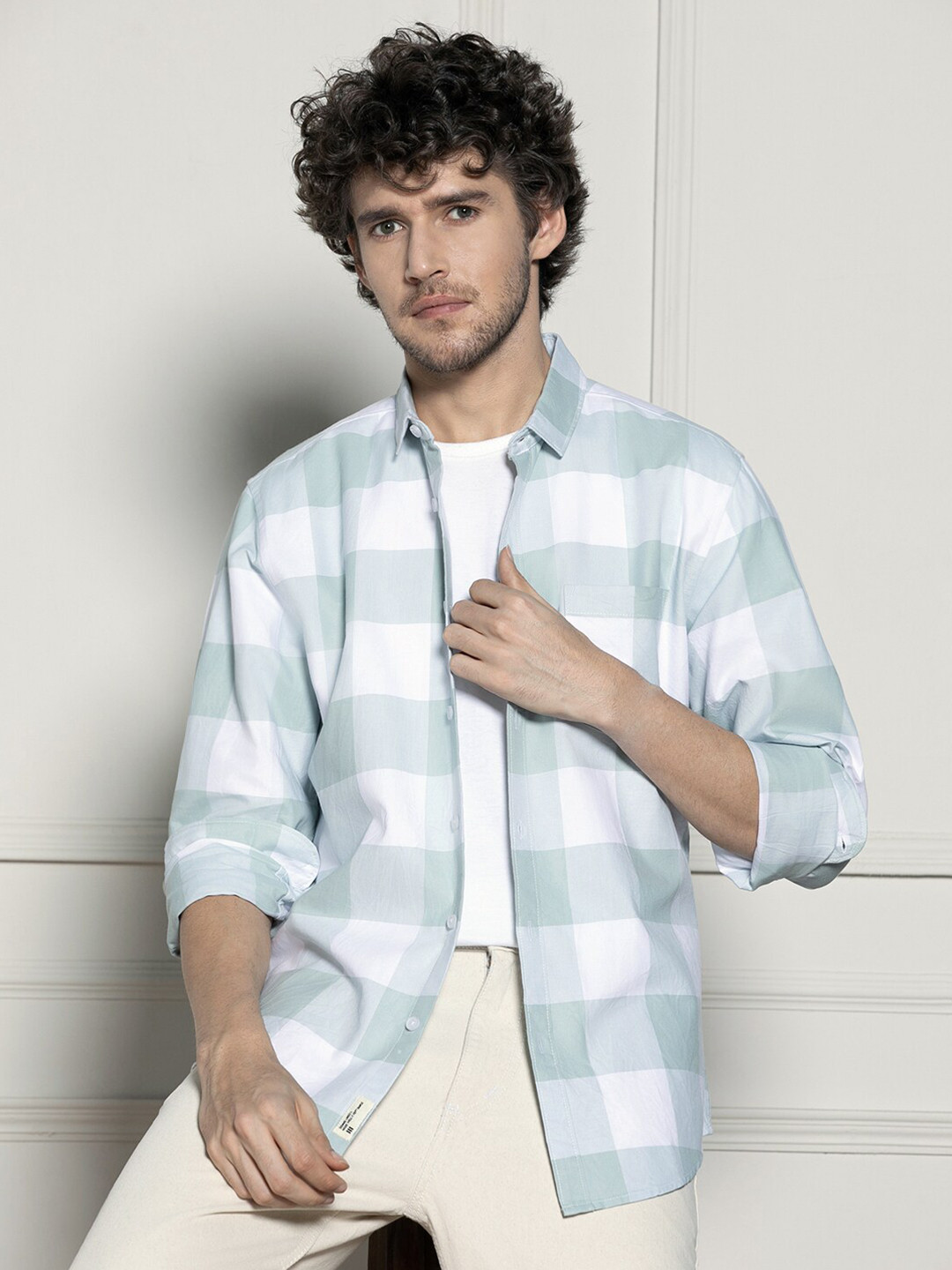 

Dennis Lingo Checked Button-Down Collar Long Sleeves Cotton Casual Shirt, White