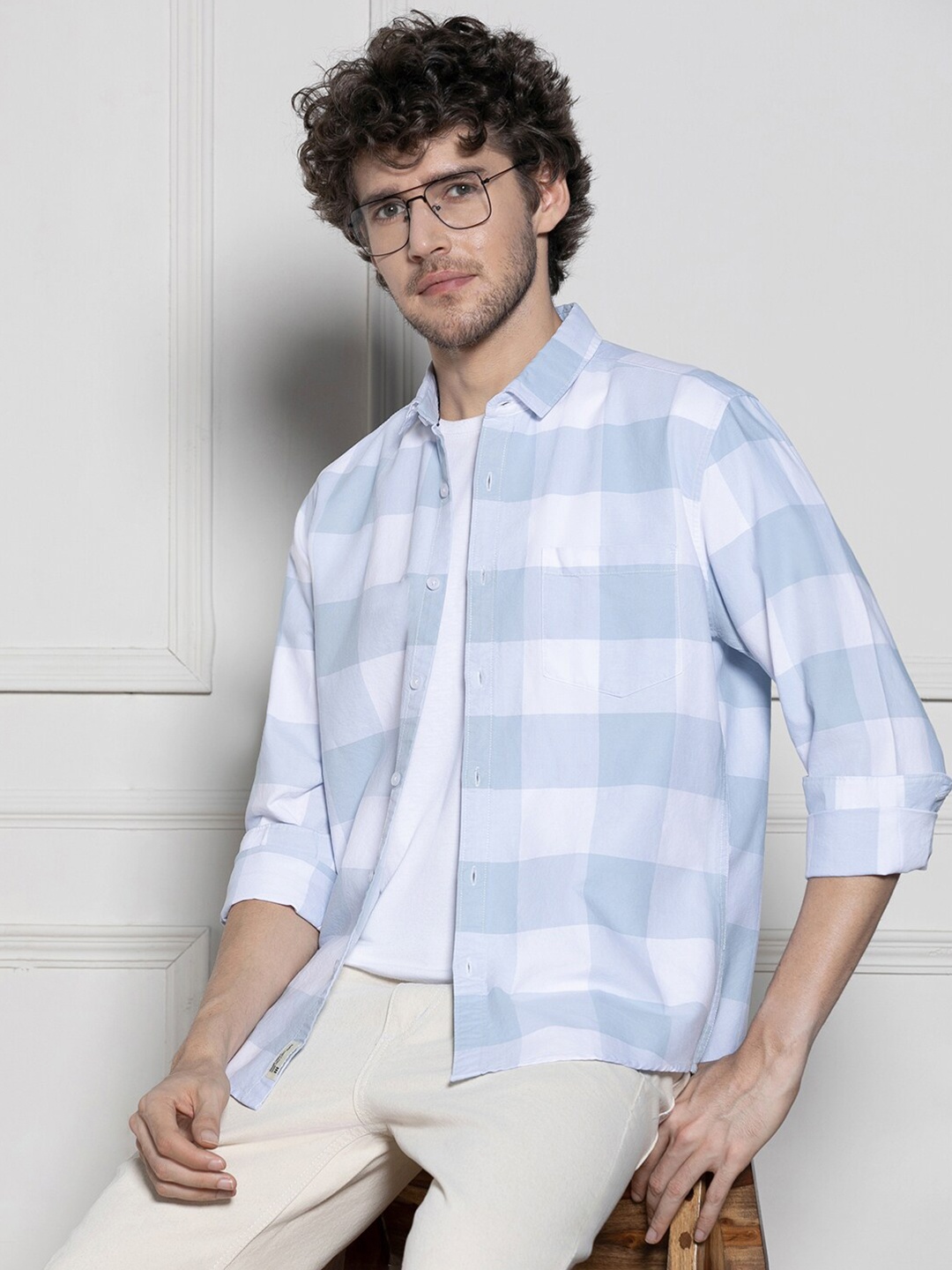 

Dennis Lingo Checked Button-Down Collar Long Sleeves Cotton Casual Shirt, Blue