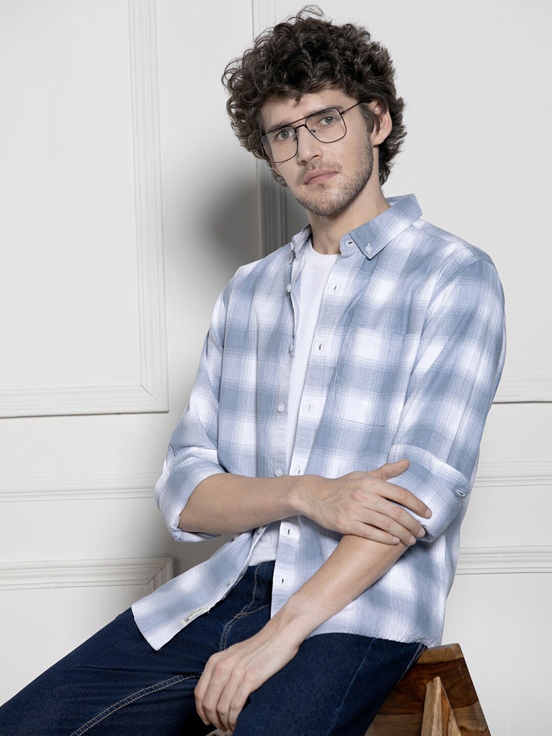 

Dennis Lingo Checked Button-Down Collar Long Sleeves Cotton Casual Shirt, White