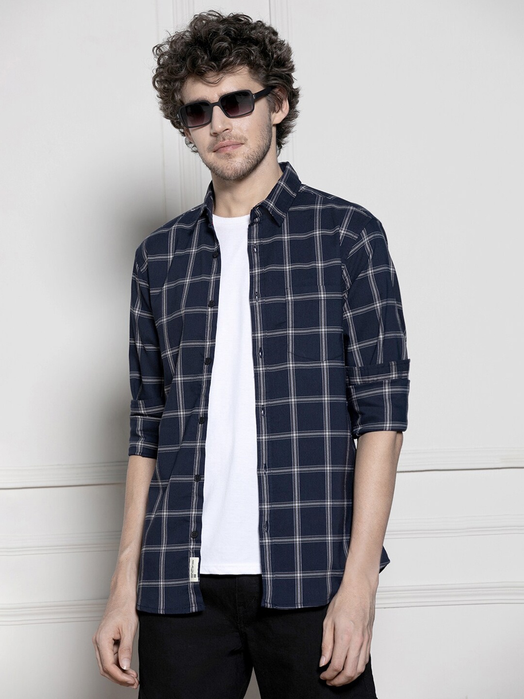 

Dennis Lingo Windowpane Checked Spread Collar Long Sleeves Cotton Casual Shirt, Navy blue