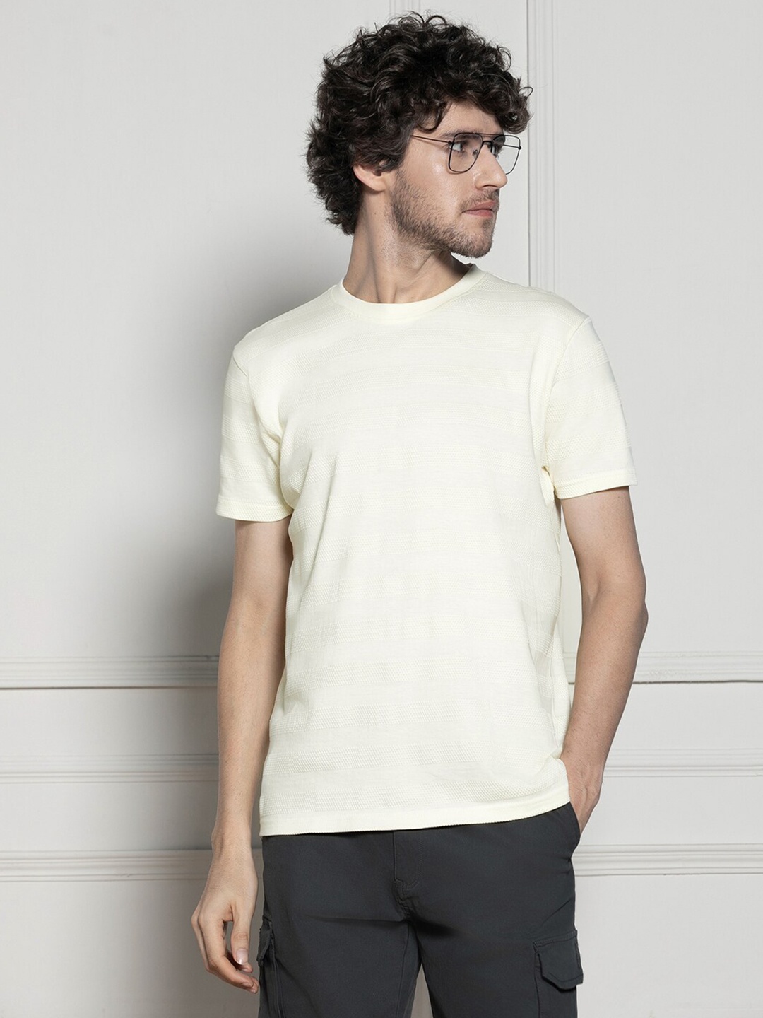 

Dennis Lingo Round Neck Short Sleeves Cotton Textured T-shirt, Off white