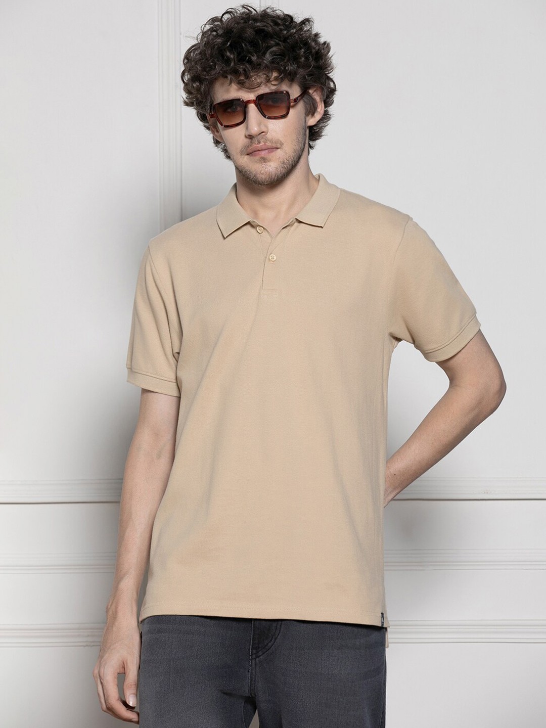 

Dennis Lingo Polo Collar Short Sleeves Cotton T-shirt, Beige