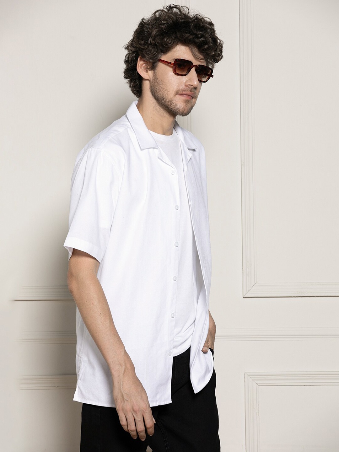 

Dennis Lingo Spread Collar Short Sleeves Cotton Casual Shirt, White
