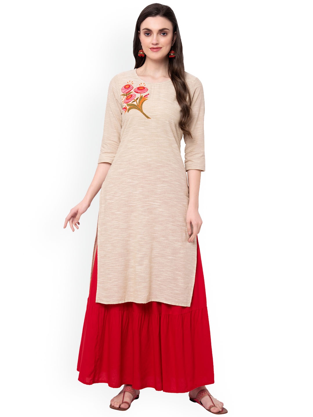 

Sanganeri Kurti Round Neck Floral Embroidered Pure Cotton Straight Kurta with Skirt, Beige