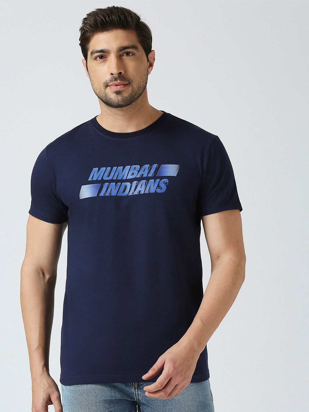 

FanCode Typography Printed Mumbai Indians Round Neck Cotton T-shirt, Navy blue