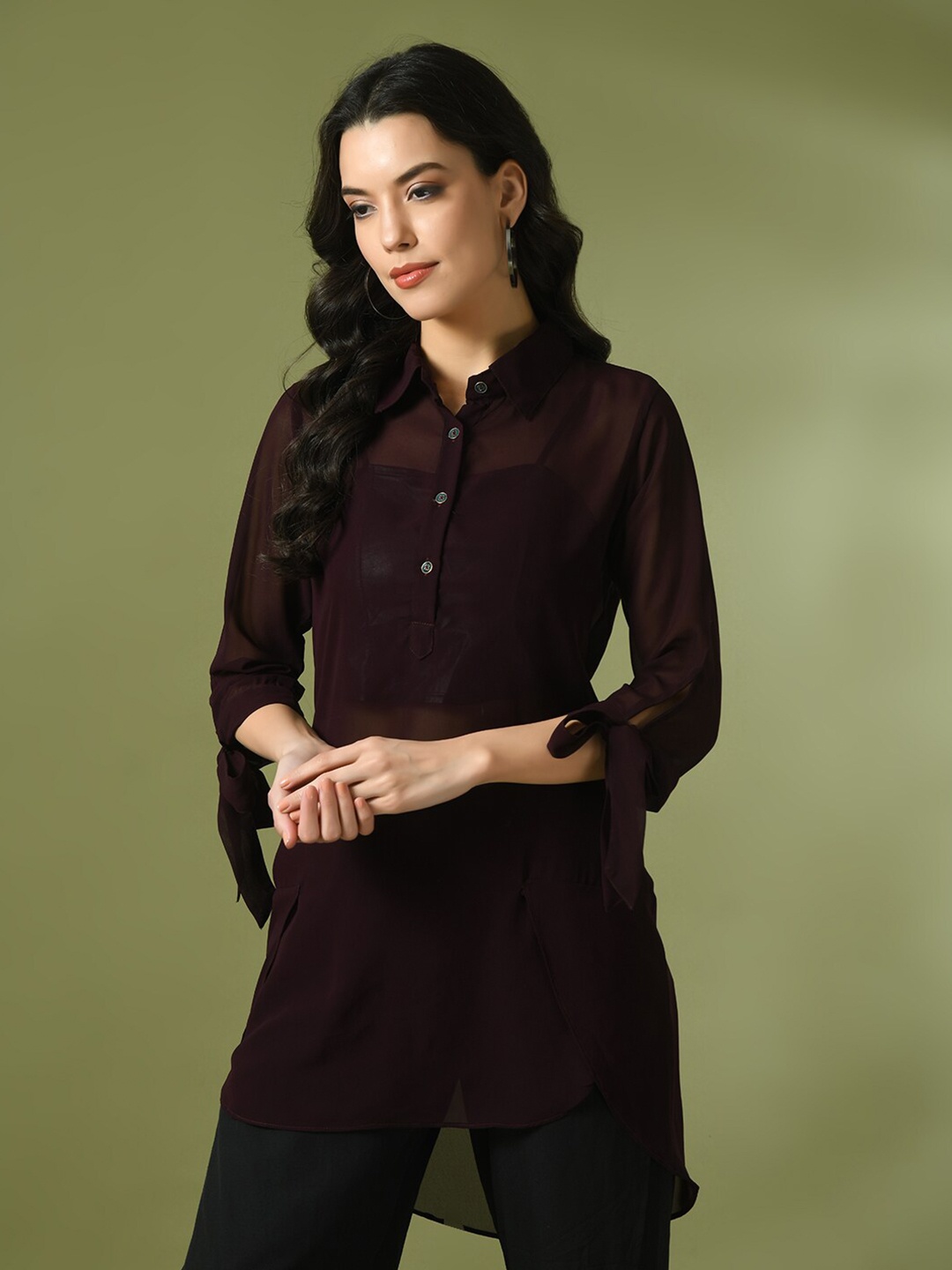 

Sangria Sheer Shirt Style Longline Tunic, Coffee brown