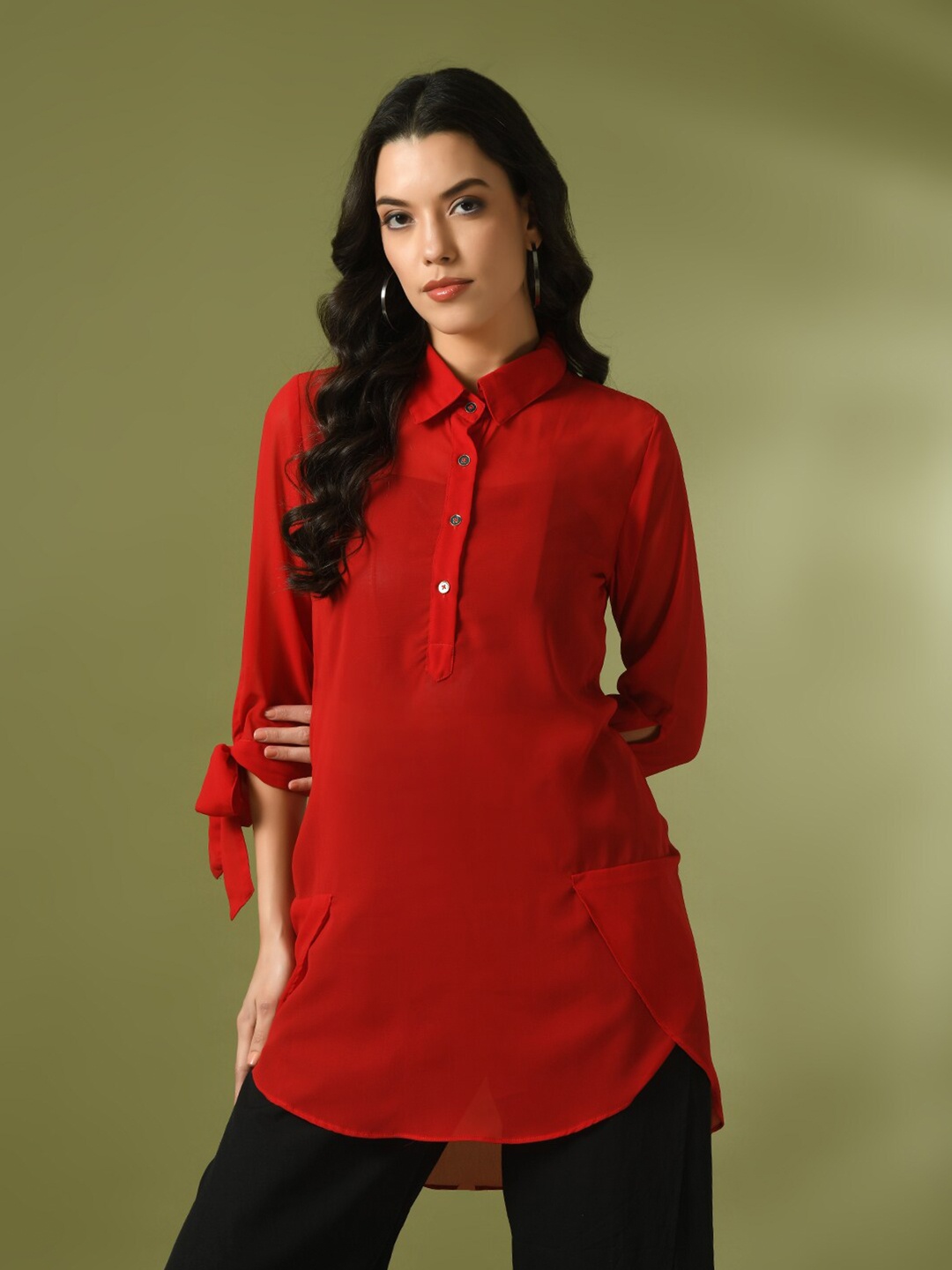 

Sangria Shirt Collar Longline Semi Sheer Georgette Tunic, Red