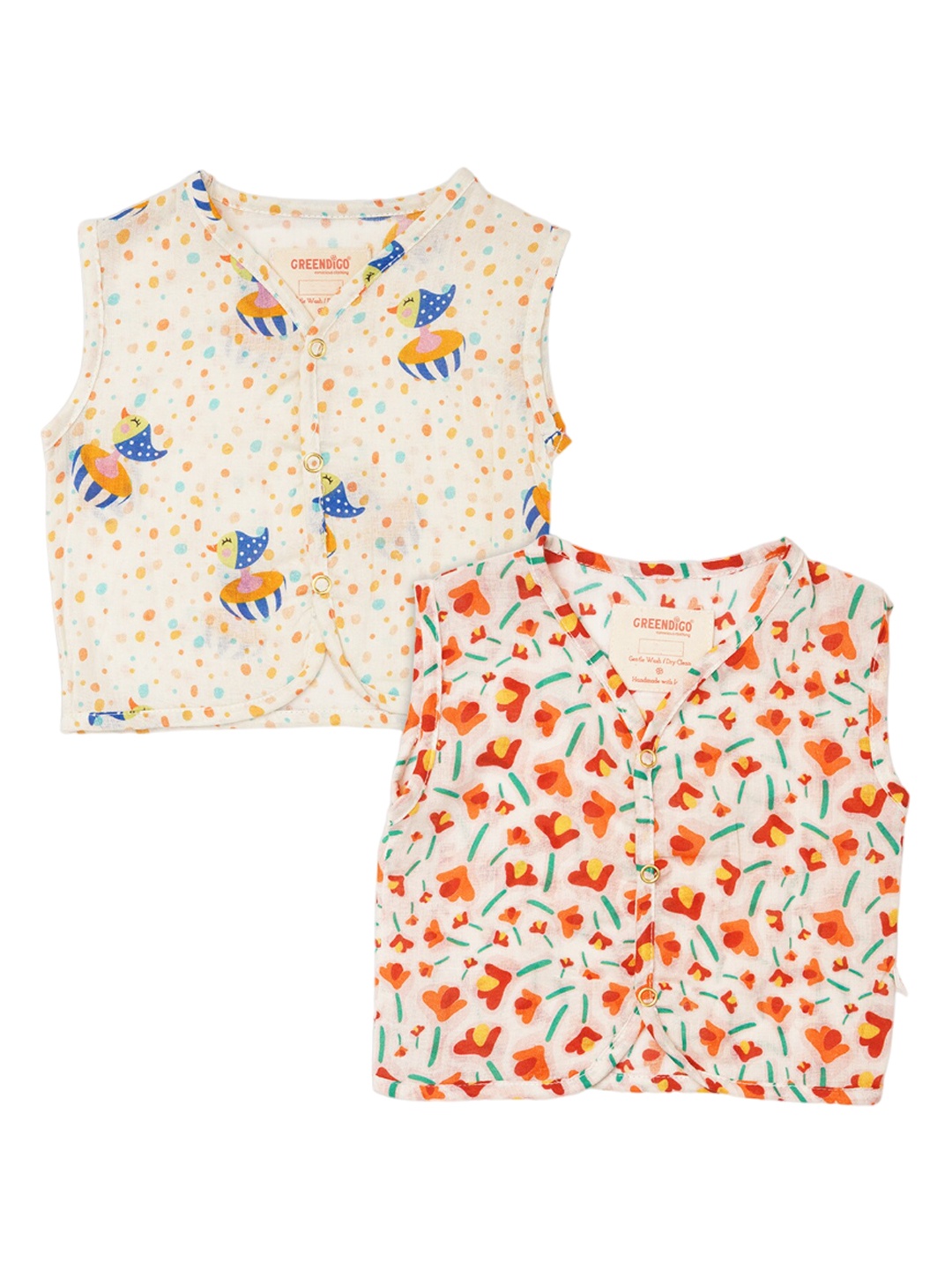 

GREENDIGO Infants Pack Of 2 Printed Organic Cotton Jhabla Vests, Beige