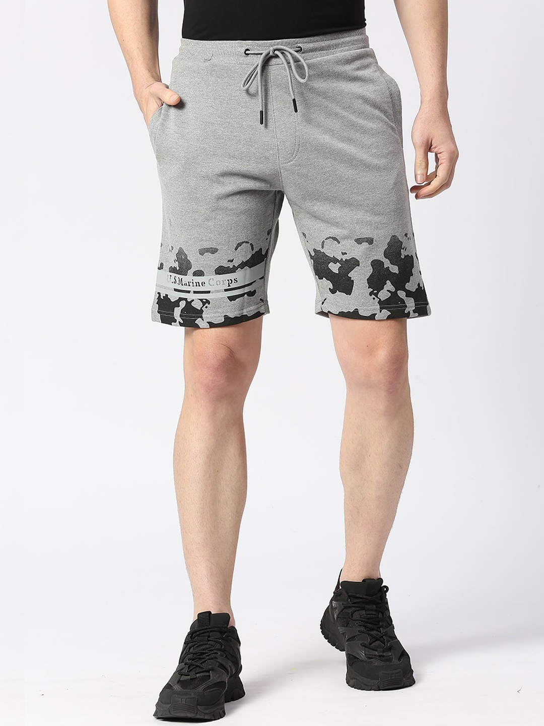 

USMC Men Relaxed Fit Graphic Printed Mid-Rise Cotton Sports Shorts, Grey