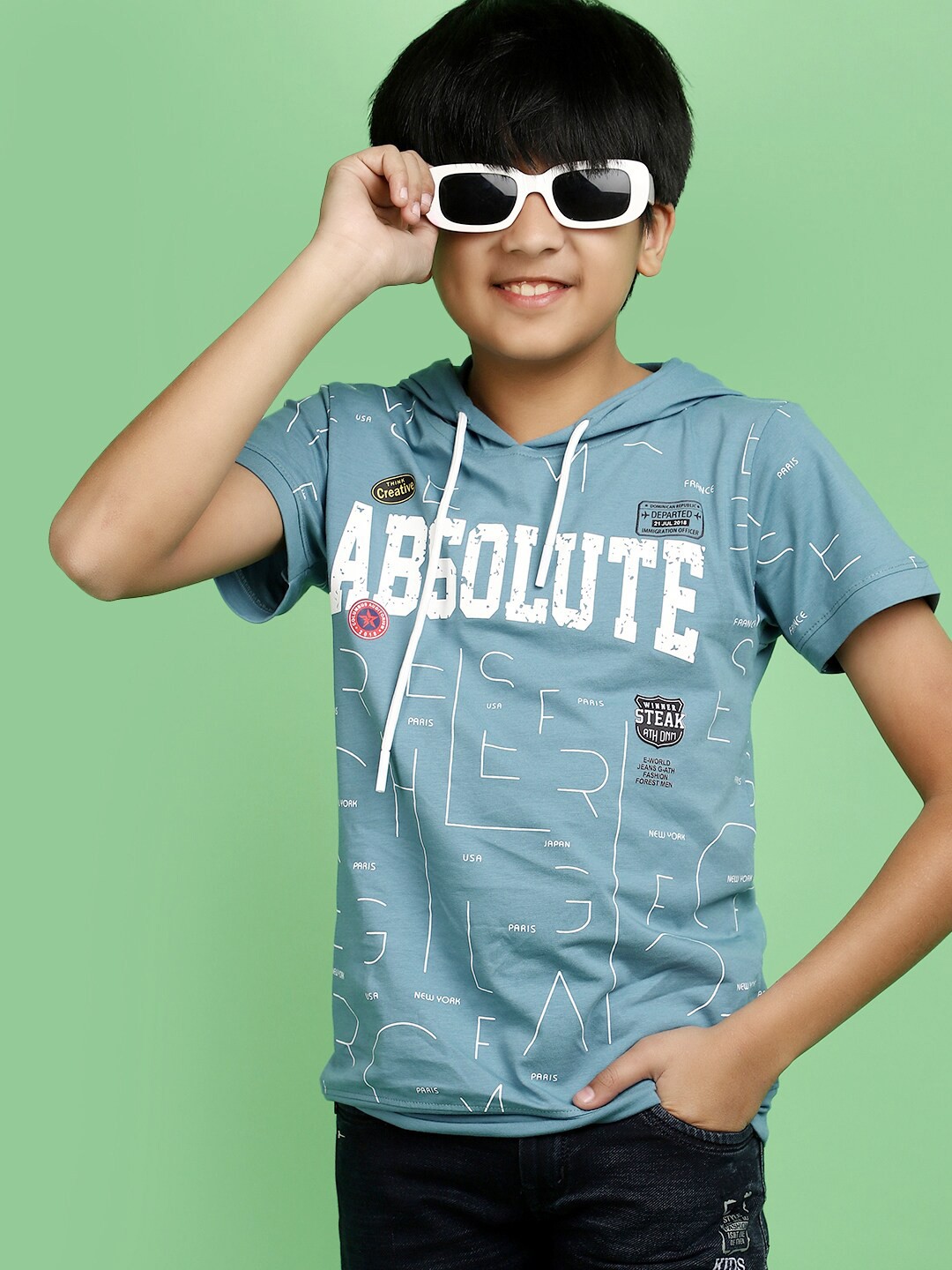 

V-Mart Boys Typography Printed Hooded Short Sleeves Pockets Casual T-shirt, Blue
