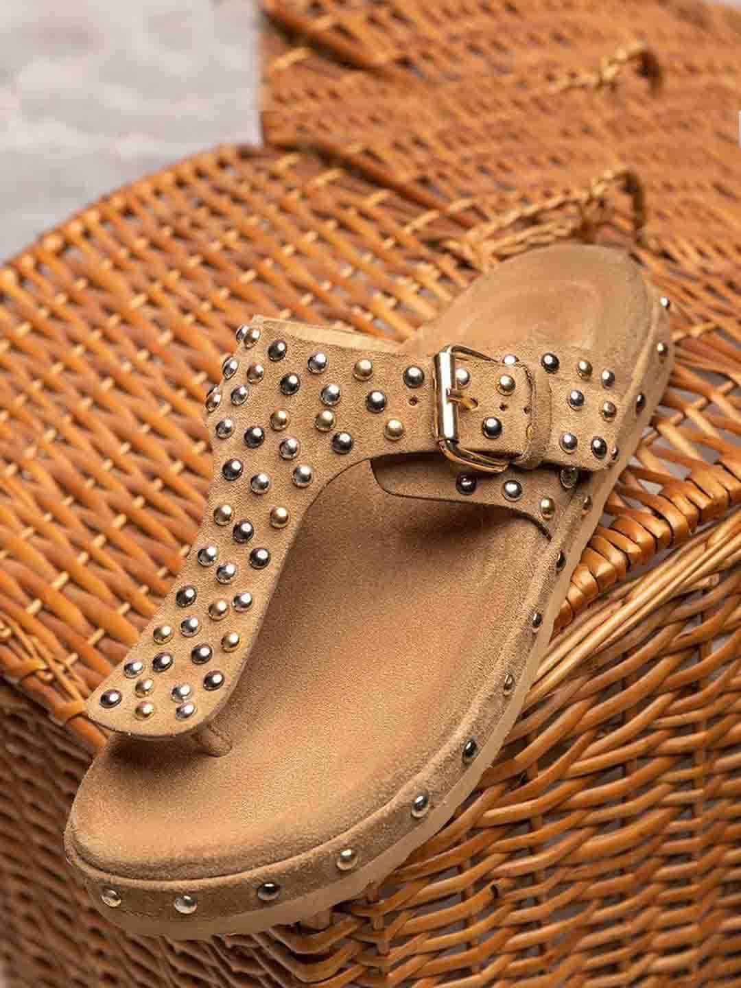 

Saint G Embellished Leather T-Strap Flats, Beige