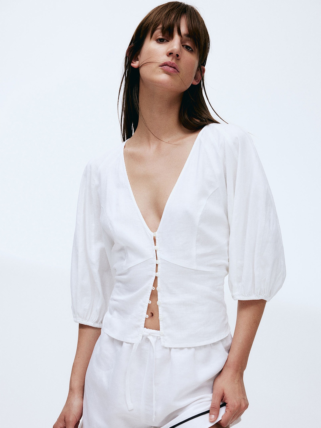 

H&M Linen-Blend Blouse, White