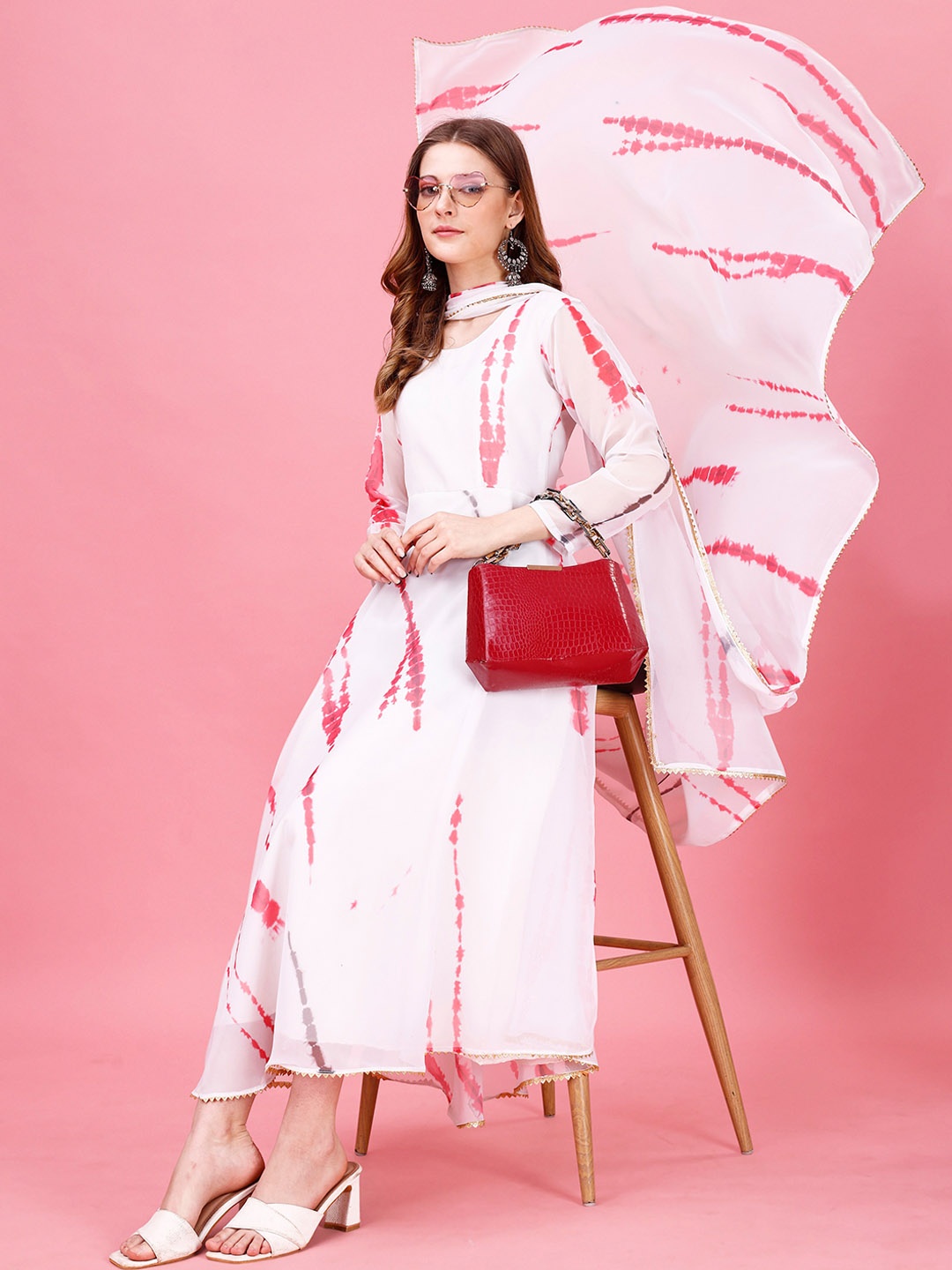 

Amrutam Fab Abstract Printed Fit & Flare Ethnic Dress With Duppata, White