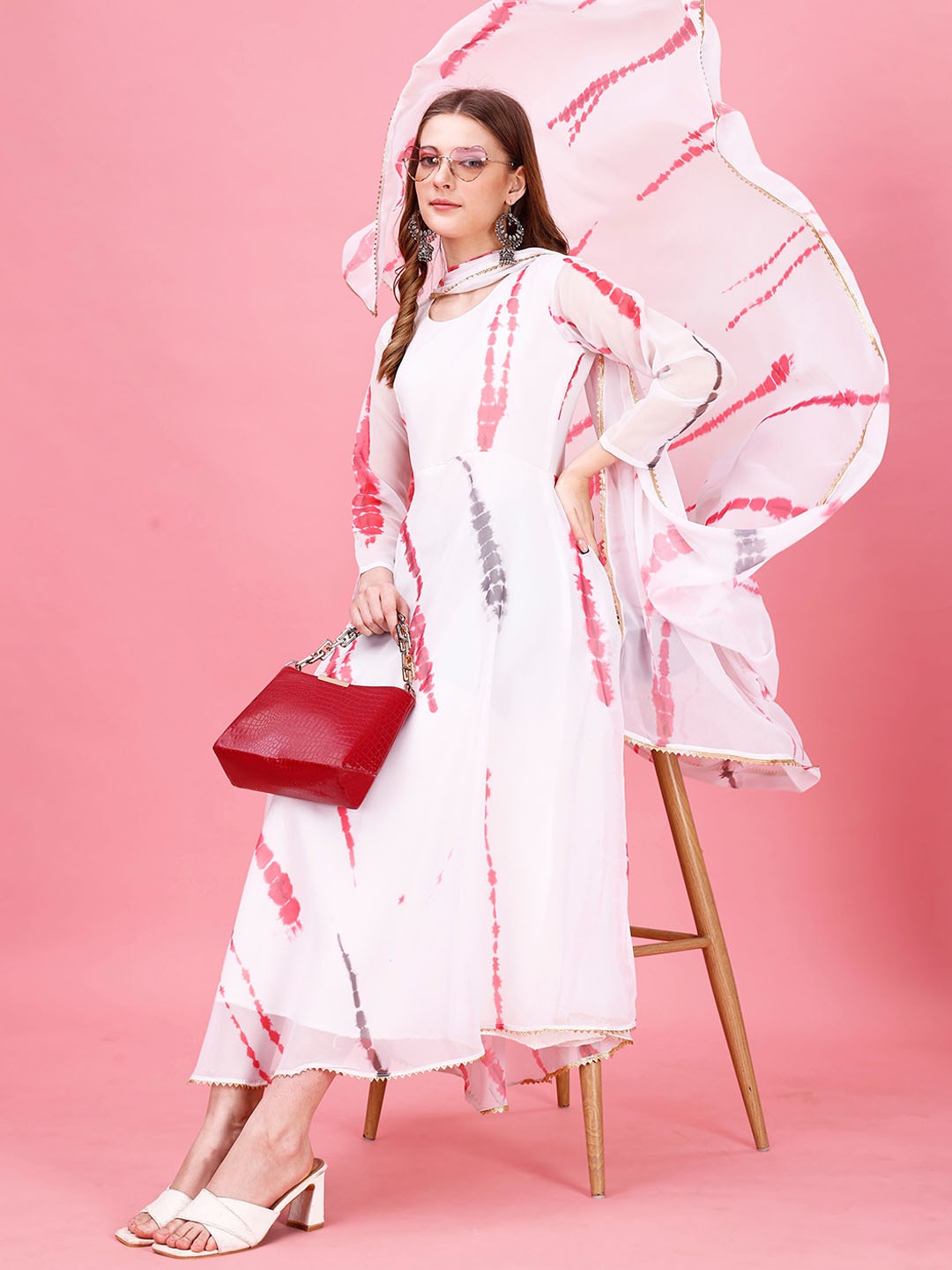 

Amrutam Fab Abstract Printed Fit & Flare Ethnic Dress With Duppata, White