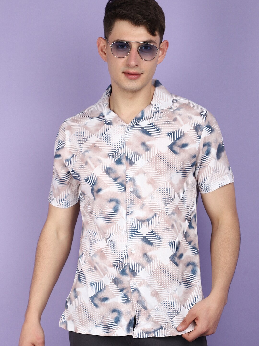 

V-Mart Printed Spread Collar Short Sleeves Slim Fit Casual Shirt, Mauve