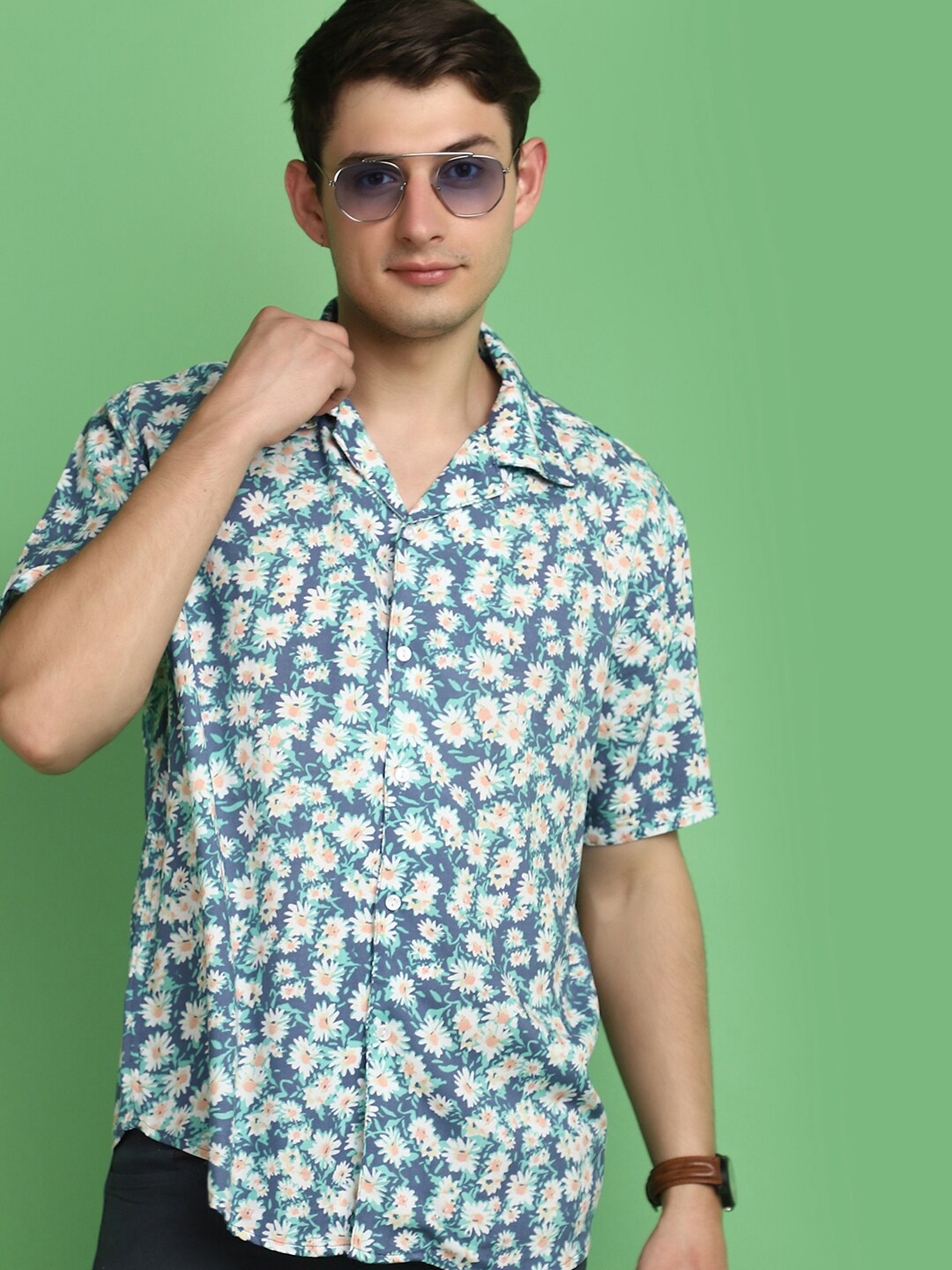 

V-Mart Floral Printed Spread Collar Short Sleeves Opaque Casual Shirt, Blue