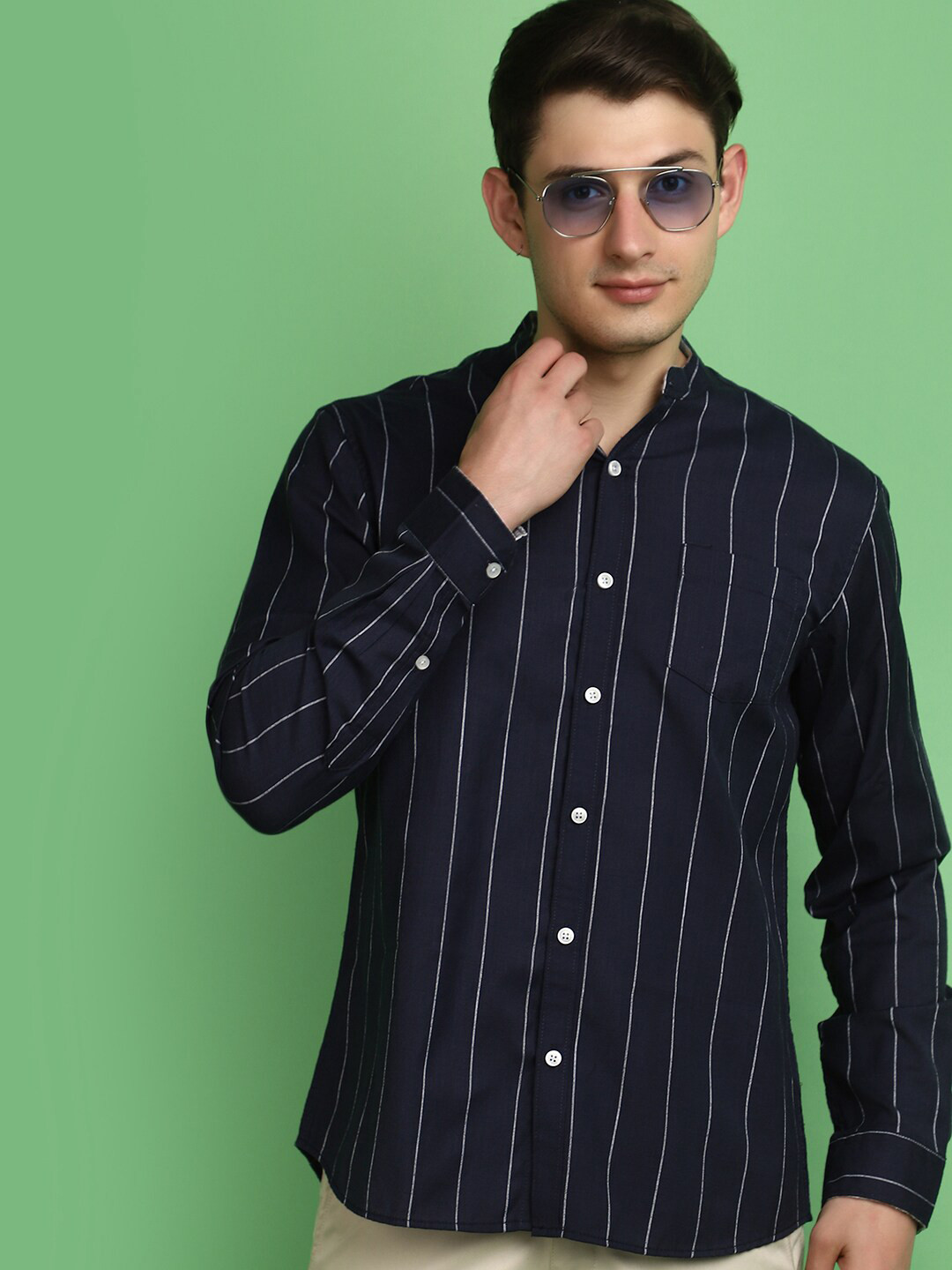 

V-Mart Vertical Stripes Opaque Cotton Casual Shirt, Navy blue