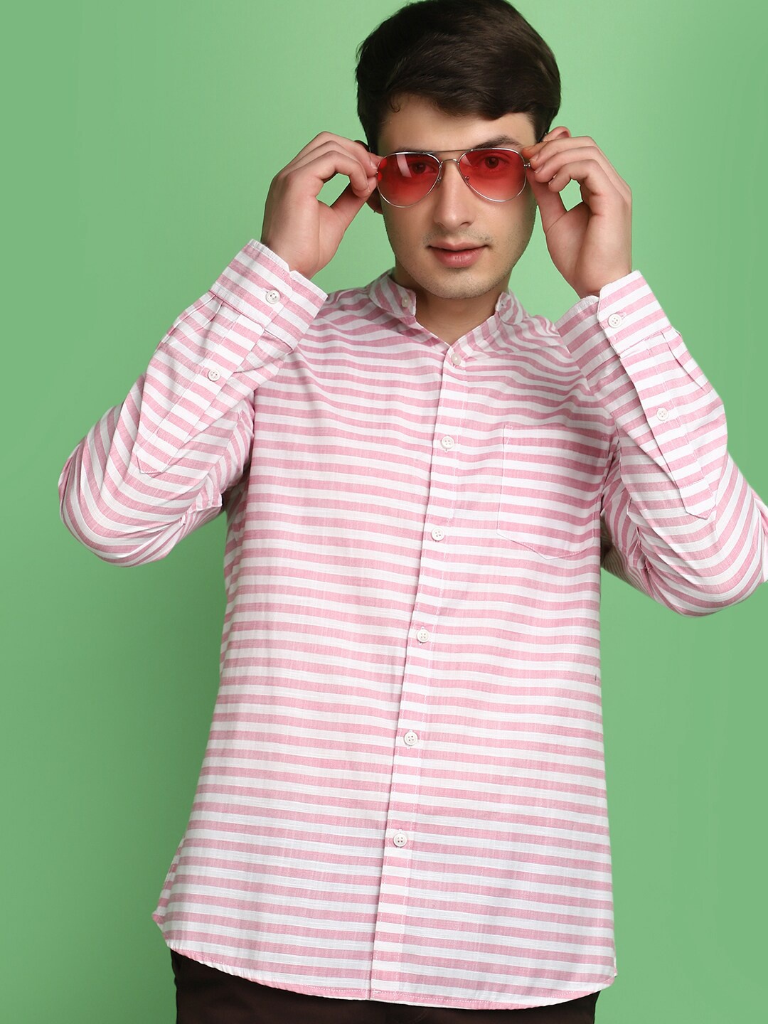 

V-Mart Horizontal Stripes Opaque Cotton Casual Shirt, Pink