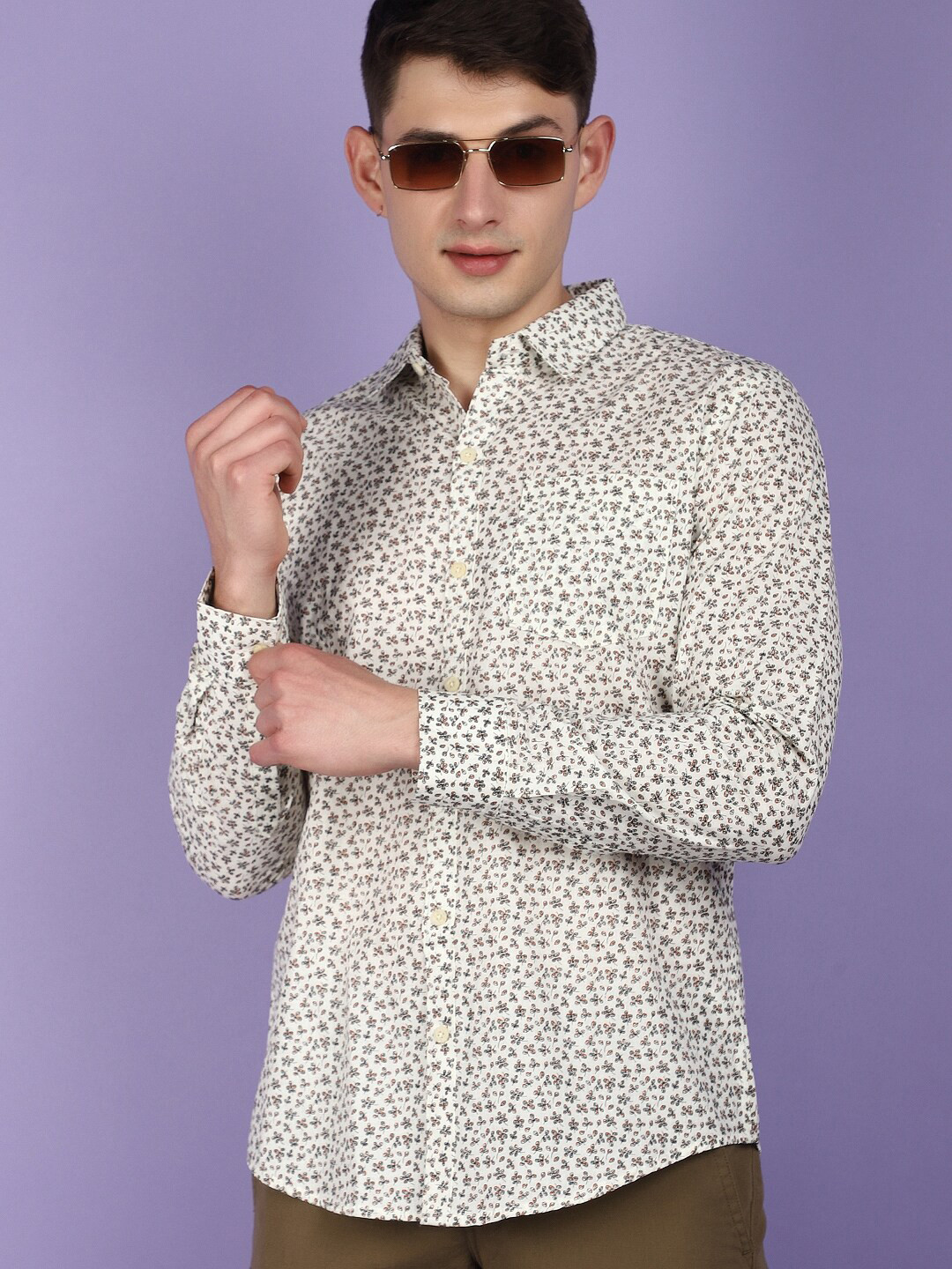 

V-Mart Floral Printed Cotton Spread Collar Long Sleeves Opaque Casual Shirt, Grey