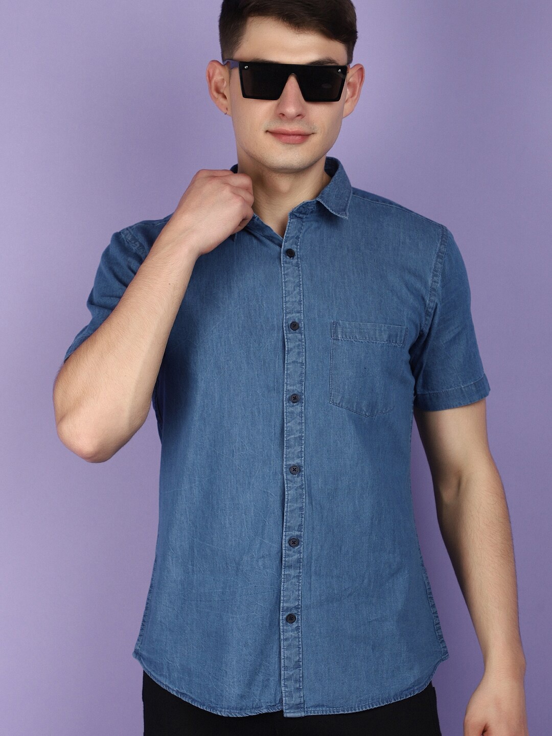 

V-Mart Denim Spread Collar Short Sleeves Slim Fit Opaque Casual Shirt, Blue