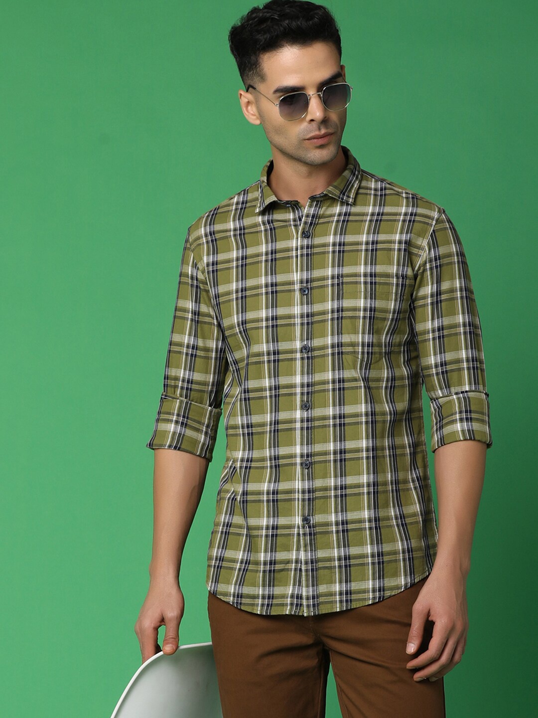 

V-Mart Tartan Checks Checked Cotton Spread Collar Long Sleeves Opaque Casual Shirt, Green