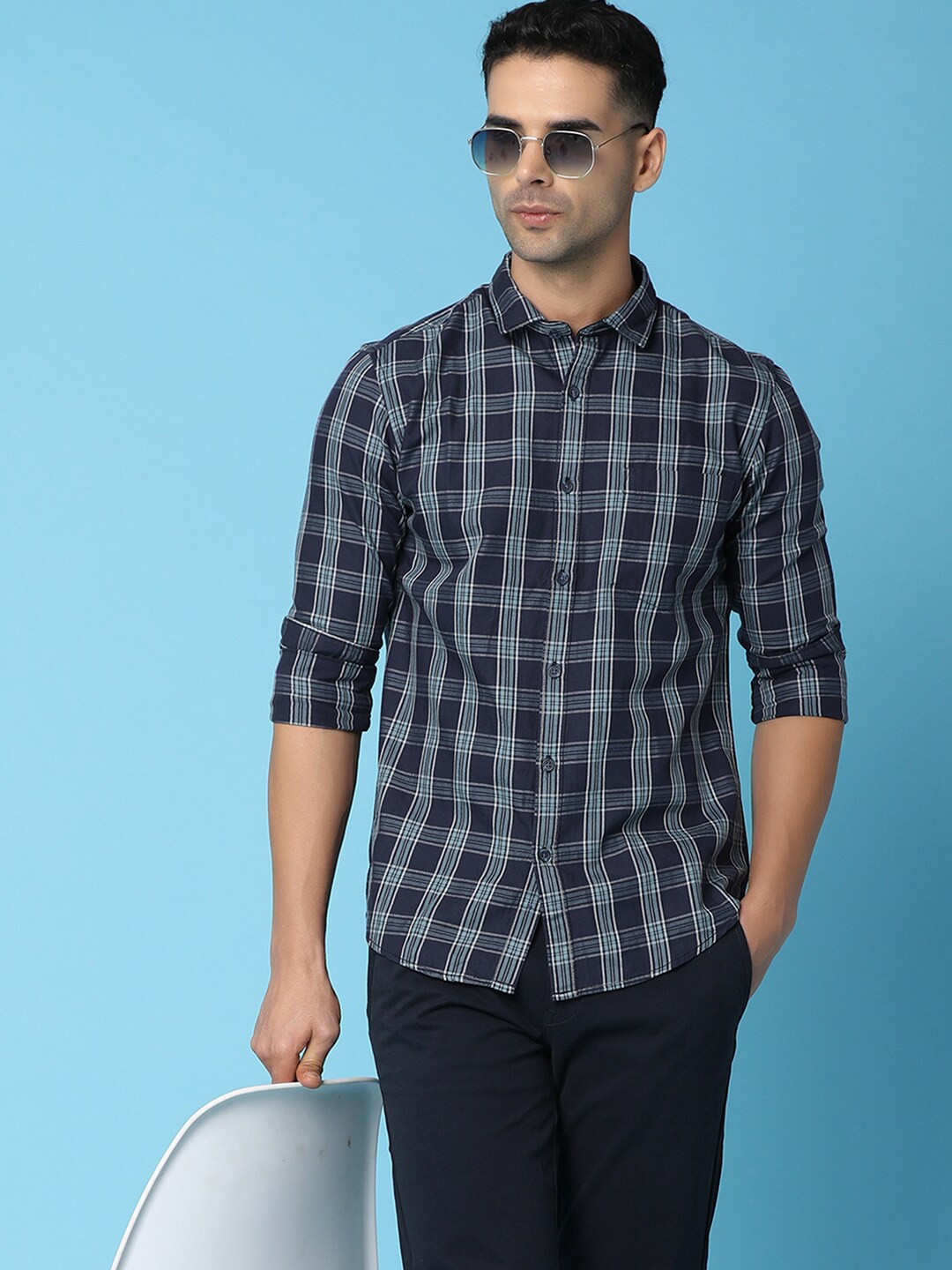 

V-Mart Tartan Checks Opaque Twill Weave Cotton Casual Shirt, Blue