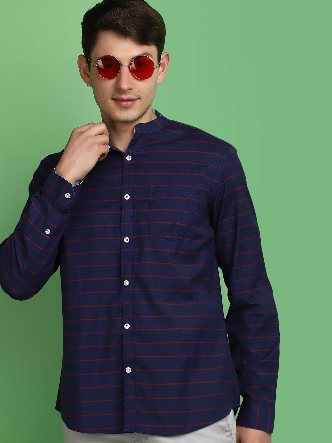 

V-Mart Horizontal Stripes Striped Cotton Mandarin Collar Long Sleeves Opaque Casual Shirt, Blue