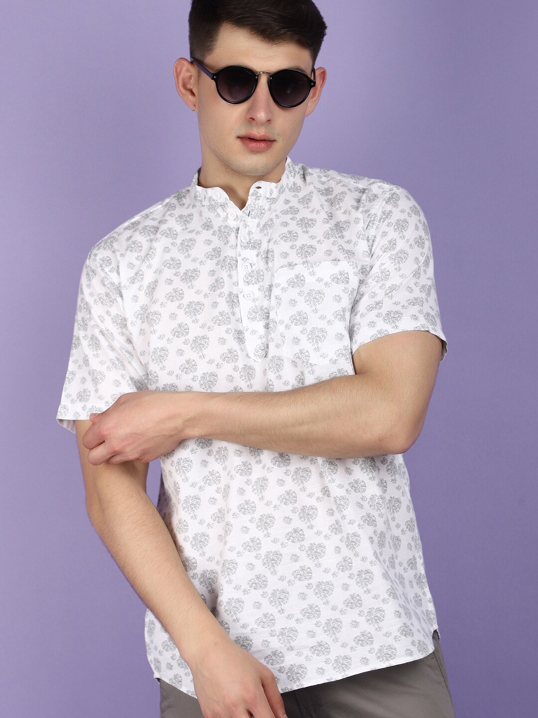 

V-Mart Floral Printed Mandarin Collar Short Sleeves Regular Fit Casual Shirt, Grey