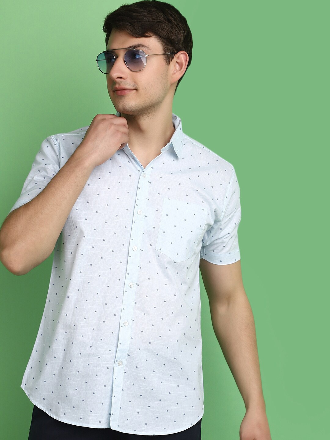 

V-Mart Printed Cotton Spread Collar Short Sleeves Opaque Casual Shirt, Blue
