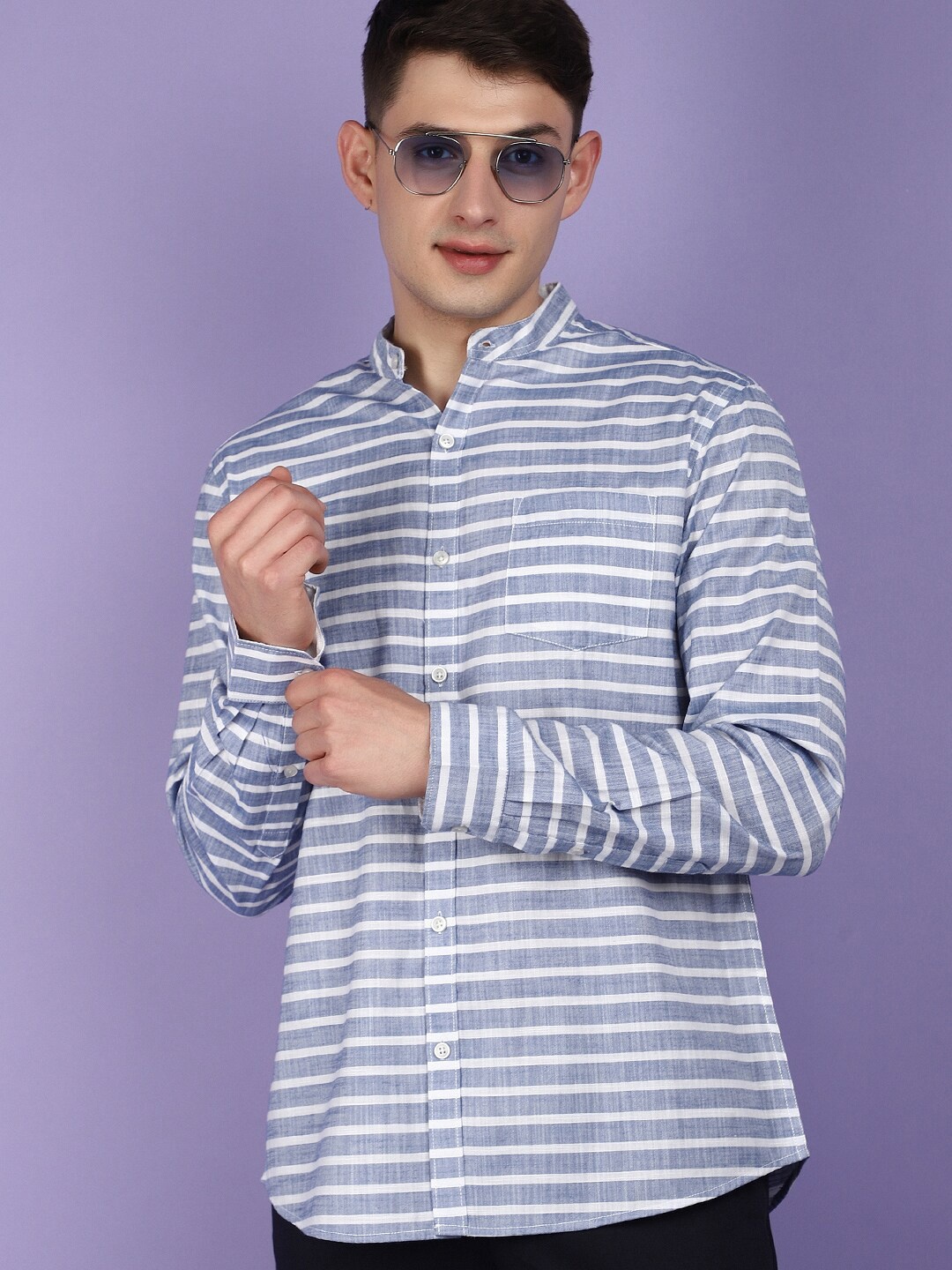 

V-Mart Horizontal Stripes Striped Cotton Mandarin Collar Long Sleeves Opaque Casual Shirt, Blue