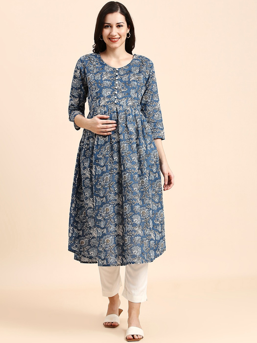 MomToBe Floral Printed Maternity Anarkali Kurta, Blue