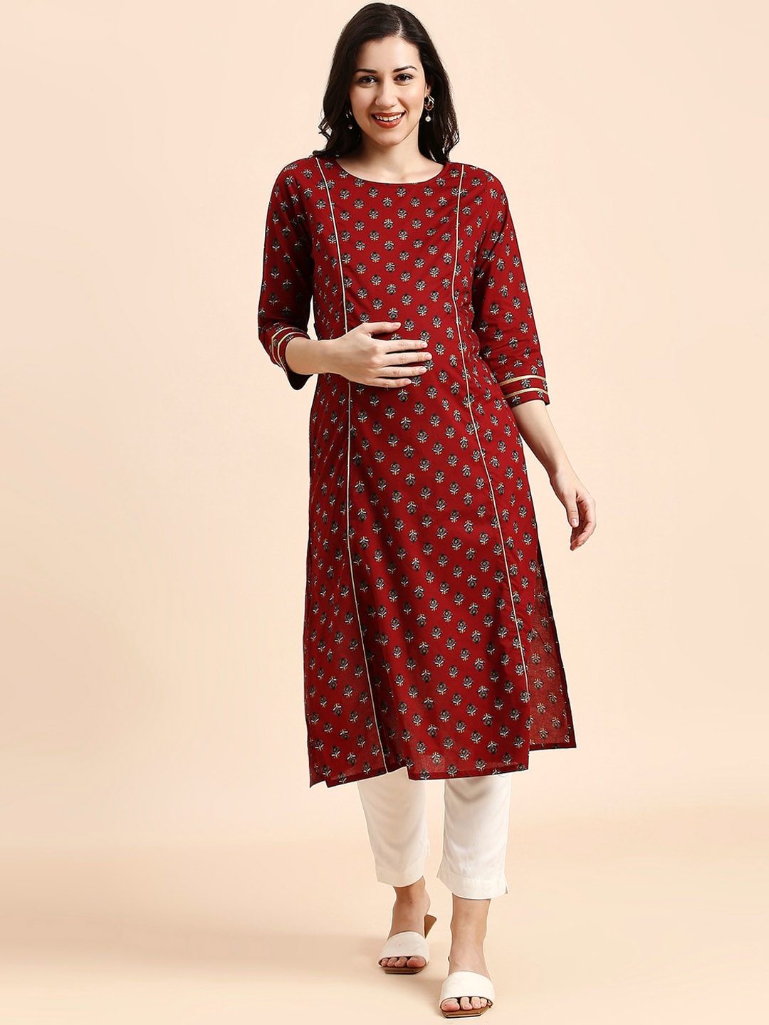 

MomToBe Ethnic Motifs Printed Cotton Maternity A-Line KurtI, Maroon