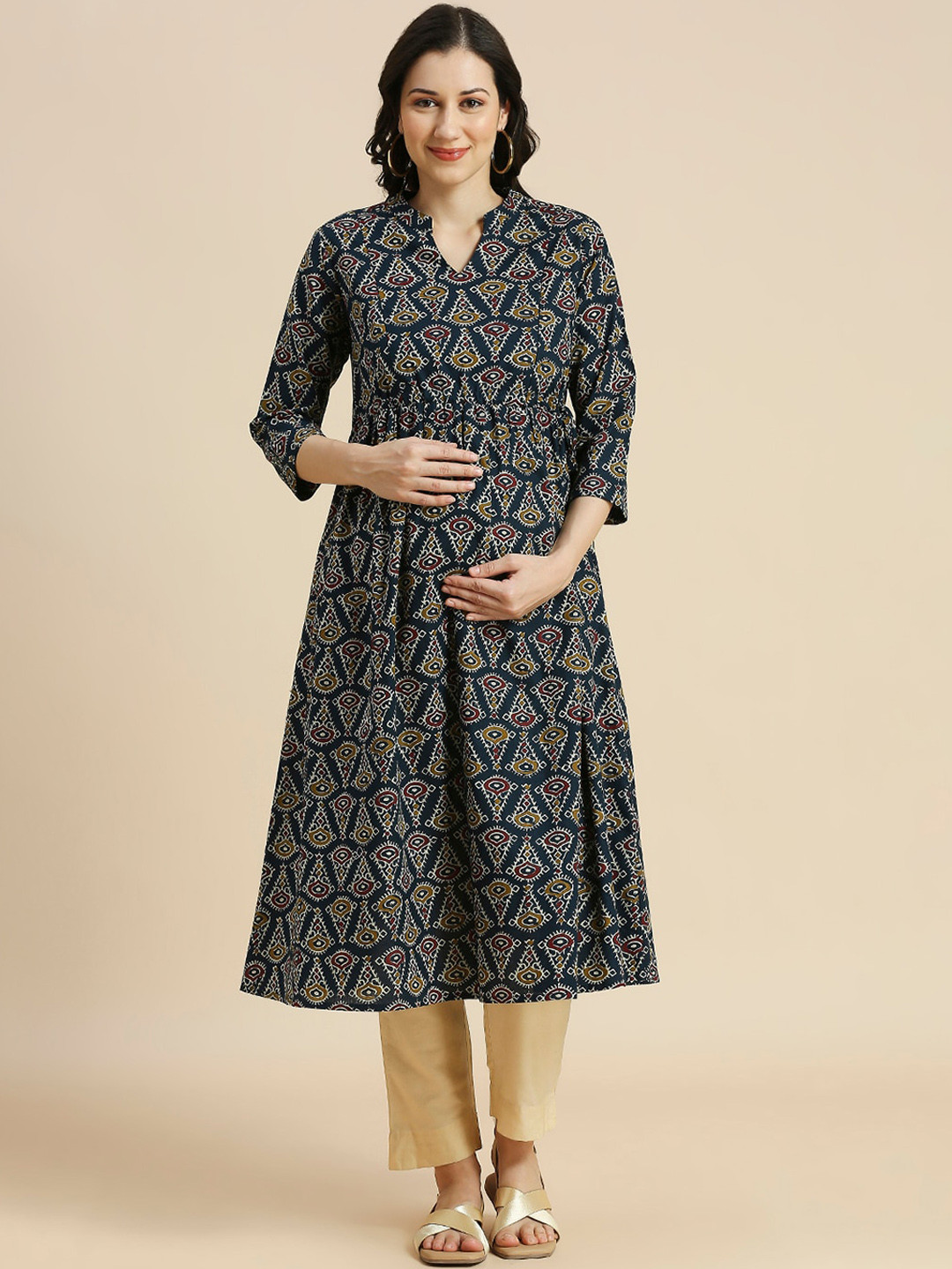 

MomToBe Ethnic Motifs Printed Mandarin Collar Cotton Maternity Kurta, Blue