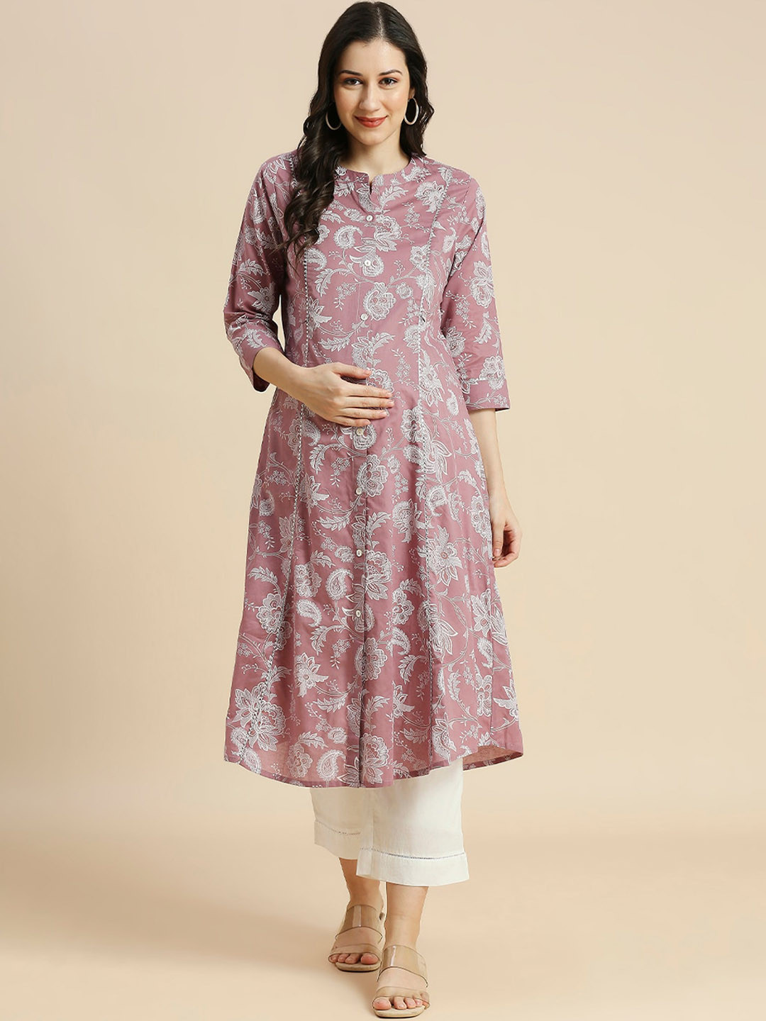 

MomToBe Floral Printed Mandarin Collar Maternity Cotton A-Line Kurta, Pink