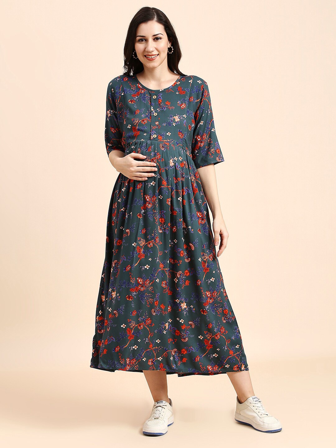 

MomToBe Floral Print Maternity Fit & Flare Midi Dress, Green